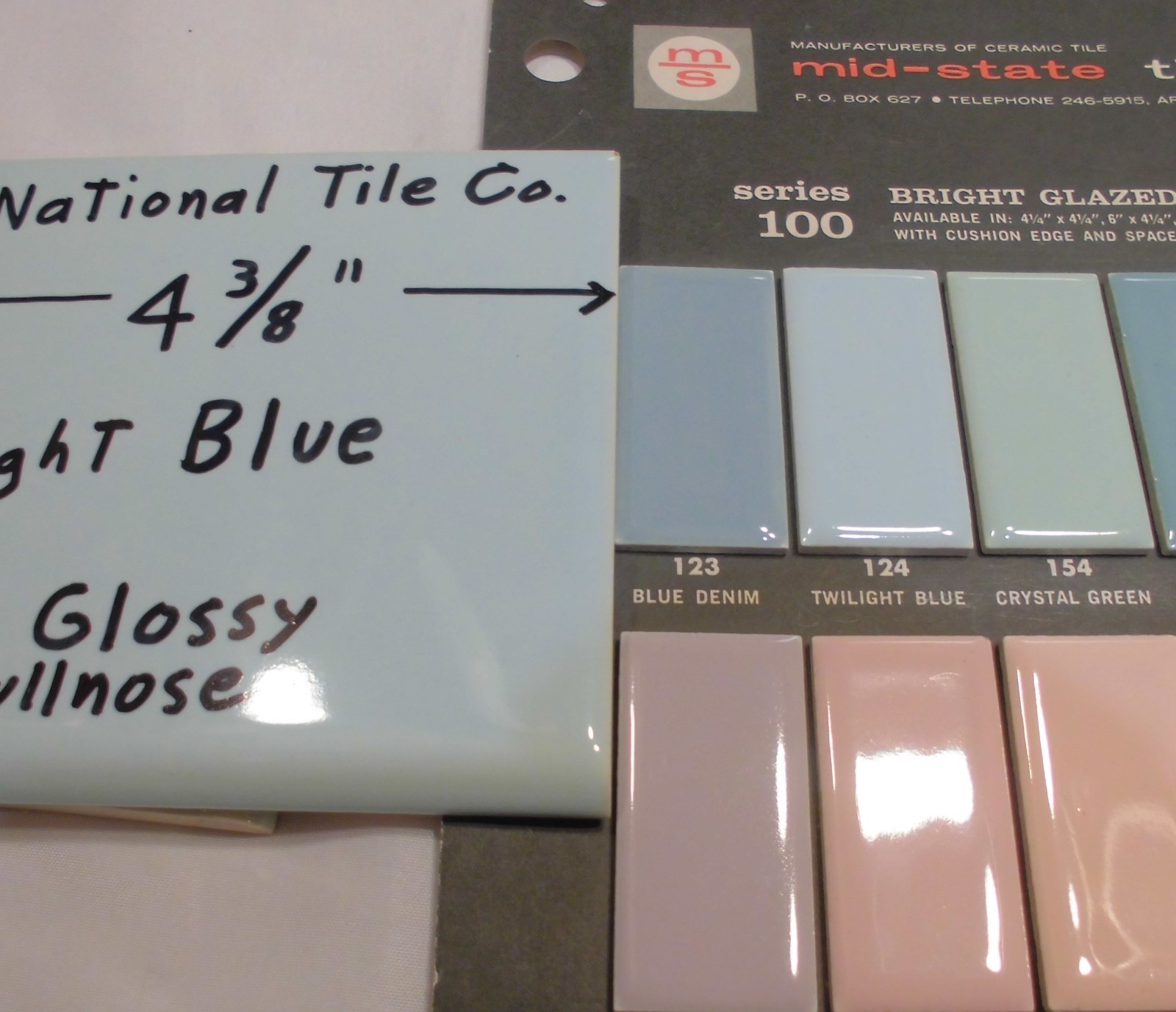 1 pc. Vintage *Light Blue* 4-3/8″ Glossy Ceramic Bullnose by National Tile Co.