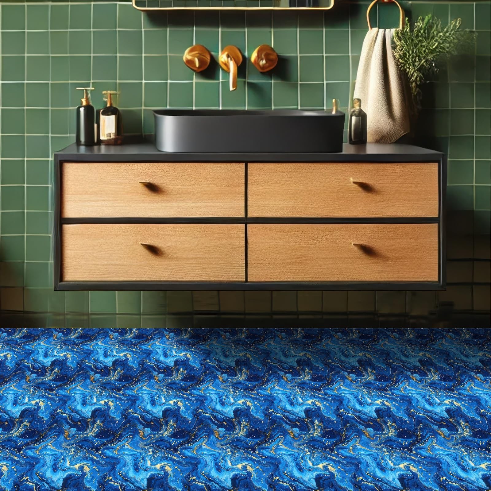 10PCS 12×12 Inch Blue Gold Marble Look Peel and Stick Floor Tiles PVC Flat Se…