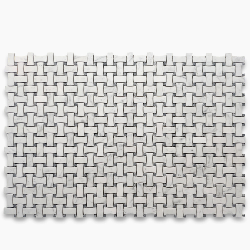 C677XH Carrara White Marble DogBone Basketweave Mosaic Tile Grey Dots Honed