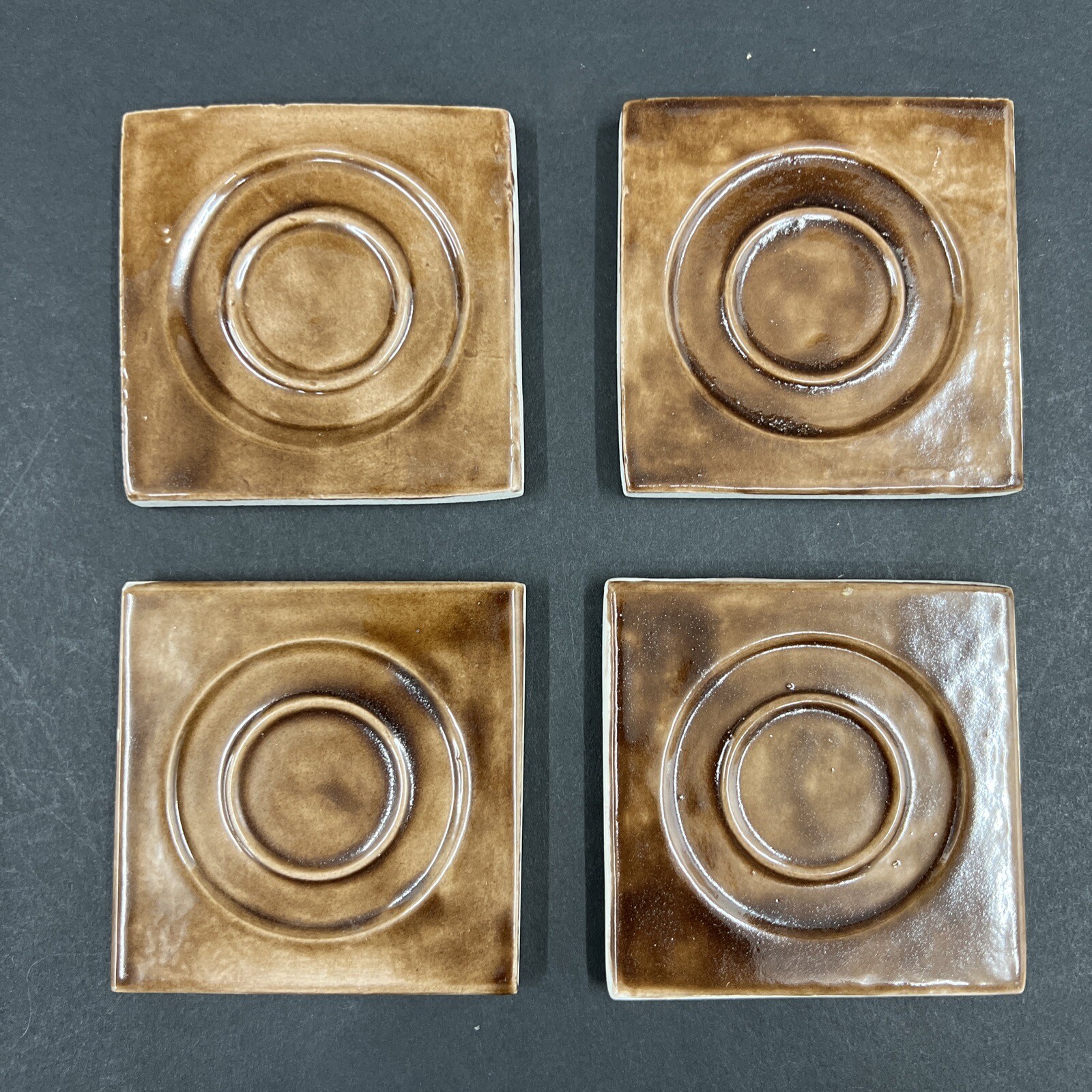 4 – Vintage Brown Ceramic Tile 2 7/8” Square 3/8” Thick Recessed Circles