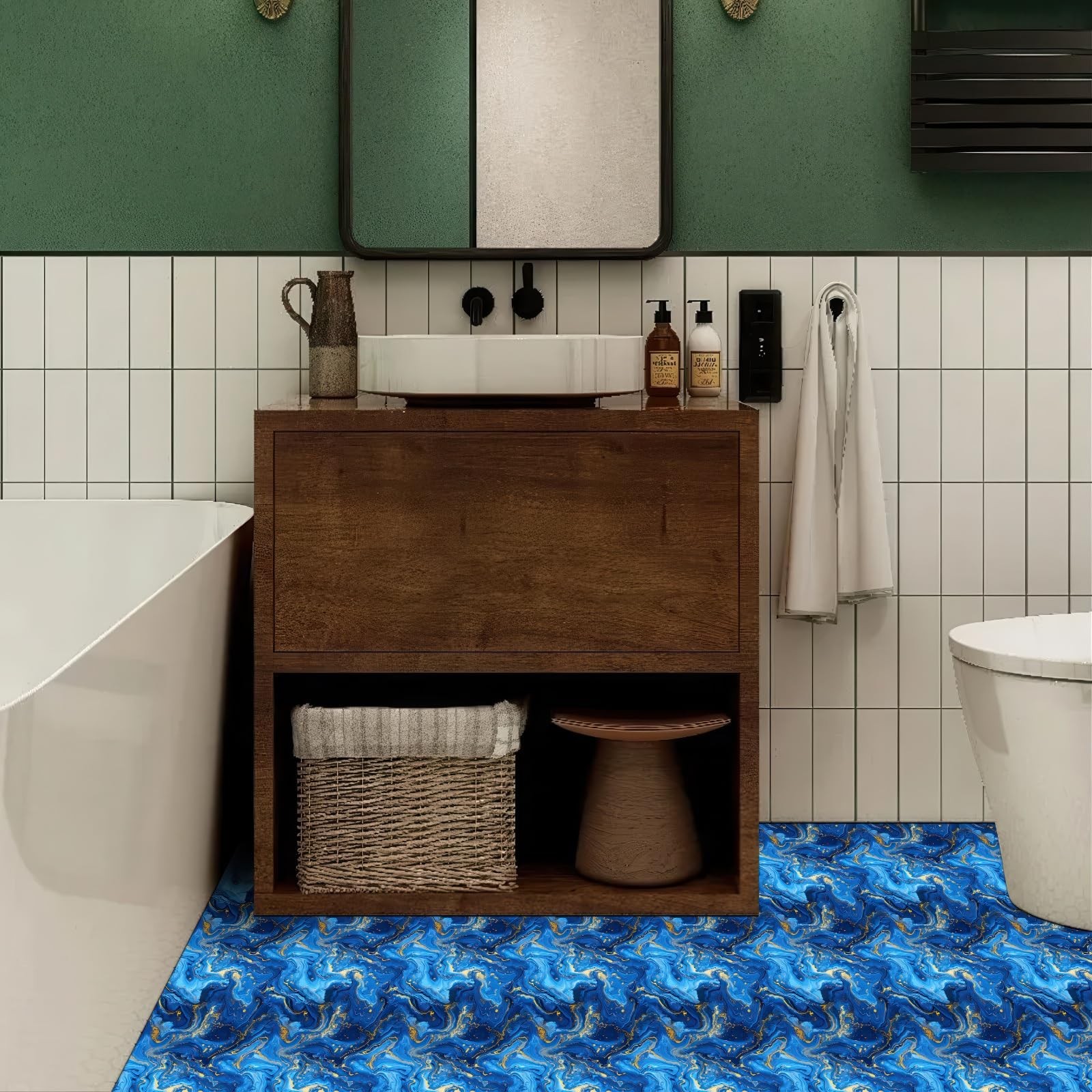 10PCS 12×12 Inch Blue Gold Marble Look Peel and Stick Floor Tiles PVC Flat Se…