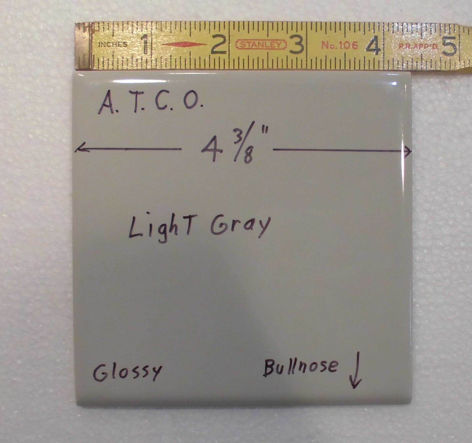 1 pc. Light Gray: 4-3/8″ Glossy Ceramic Bullnose Tile by A.T.C.O. , Pearl Gray