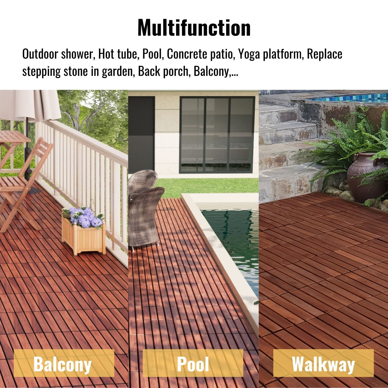 30Pack Interlocking Deck Tiles 12″ x 12″ Square Acacia Hardwood Outdoor Flooring