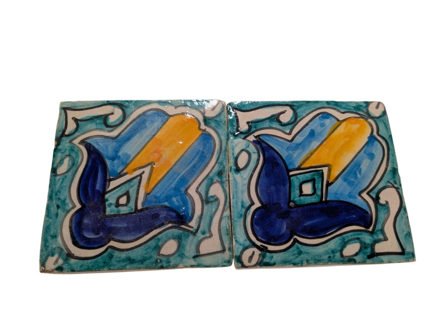 2x Moroccan Zellige Mosaic Tiles Pair Hamsa Design B 10cm/4 Inch
