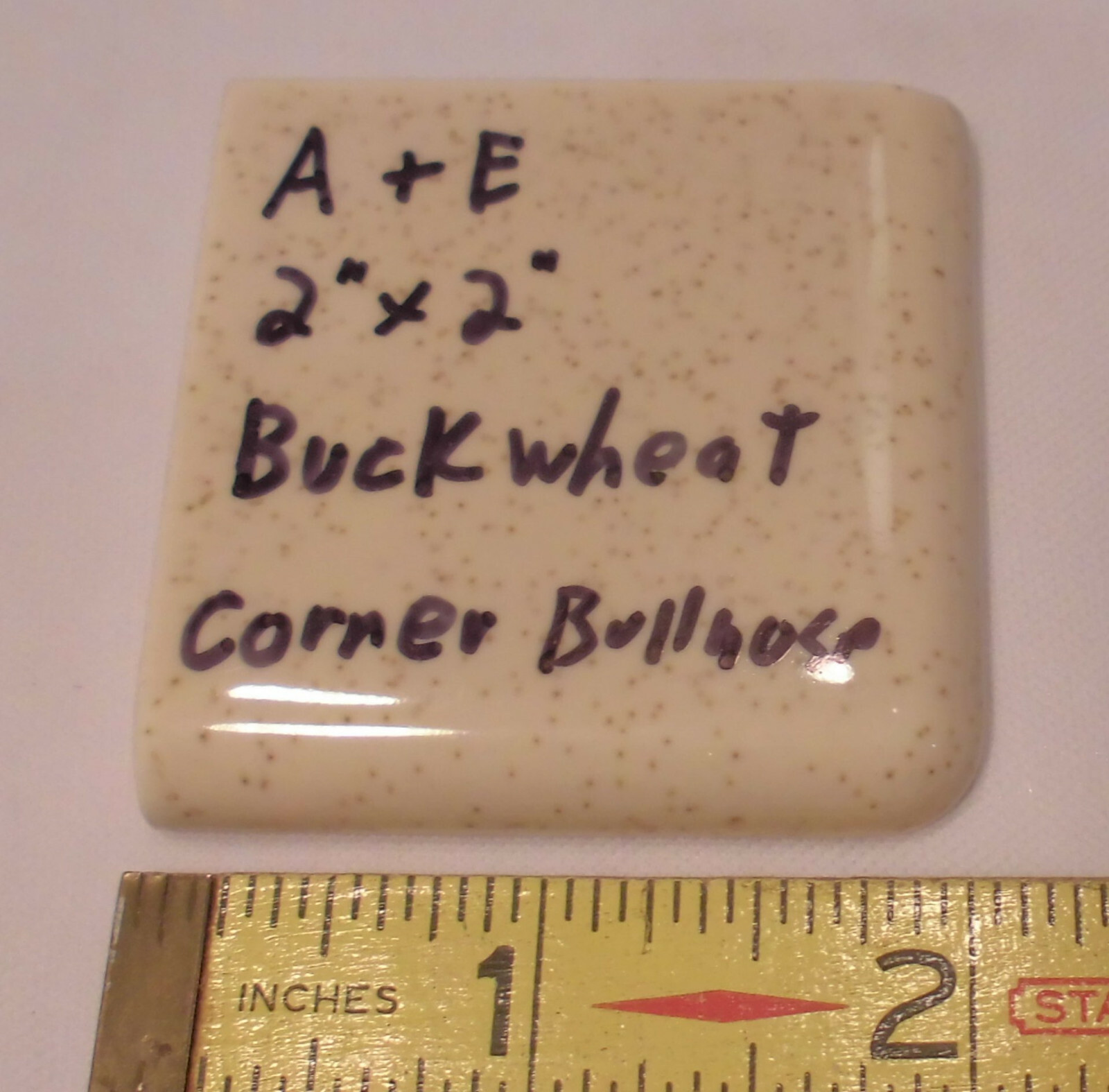 Buckwheat 2″ X 2″ X 5/16″ Ceramic Surface Bullnose Corner Tile; made 1940’s
