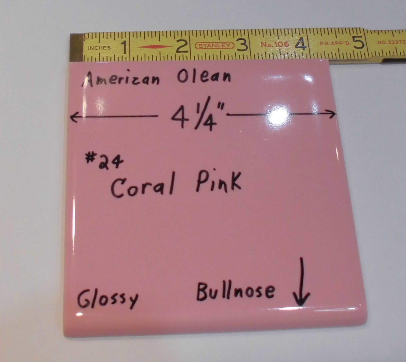 1 pc. Vintage Glossy Ceramic Bullnose Tile 4-1/4” *Coral-Pink* American Olean