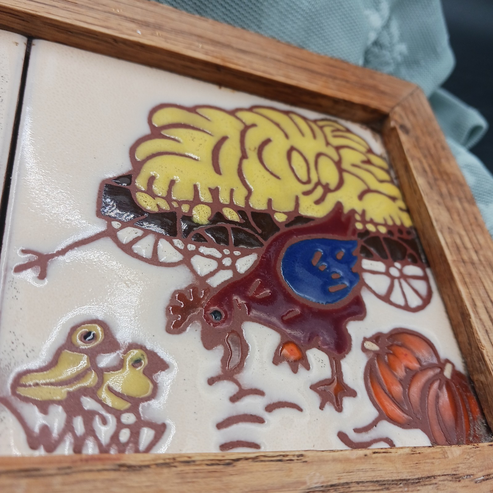 VTG Ceramic Tile Framed Wall art Barn Hen Chicks Pumpkin Trivet Country Farmcore