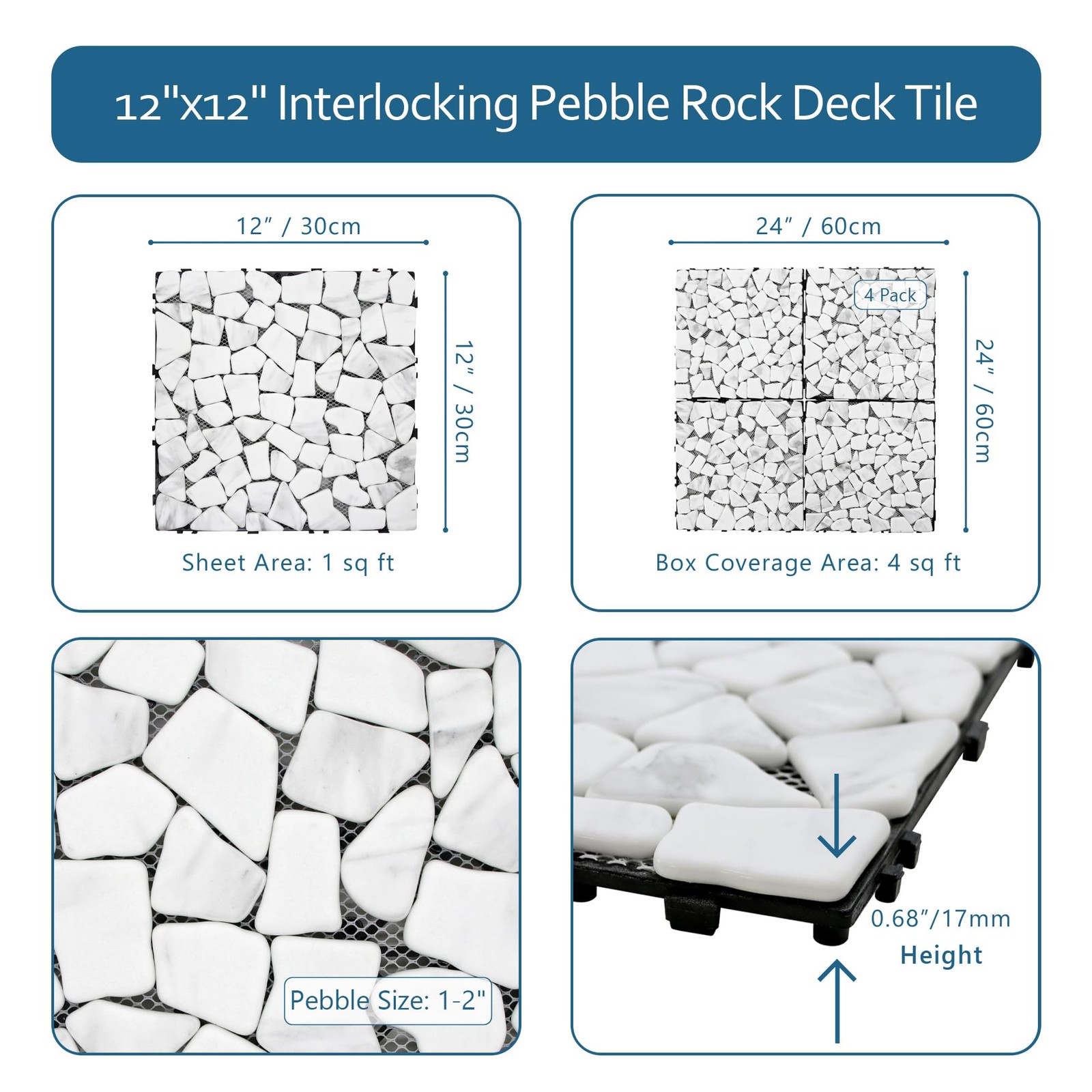 4PCS Natural Pebble Interlocking Deck Tiles, 12″ x 12″ Recycled Glass Marble …