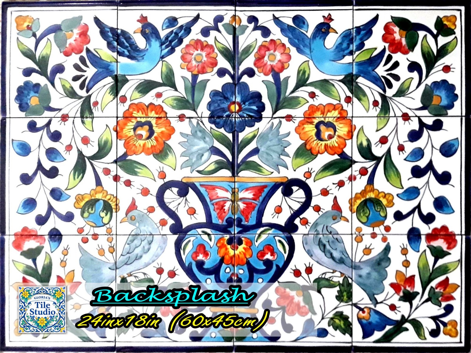 24inx18in Floral Design Mosaic Backsplash Centerpiece, Ceramic Tiles Wall Mural