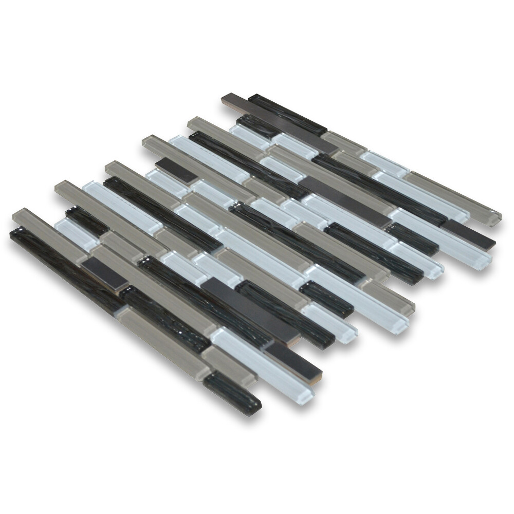 A77007 Glass Mosaic Tile Beige White Glass Electroplate Black Stainless Steel