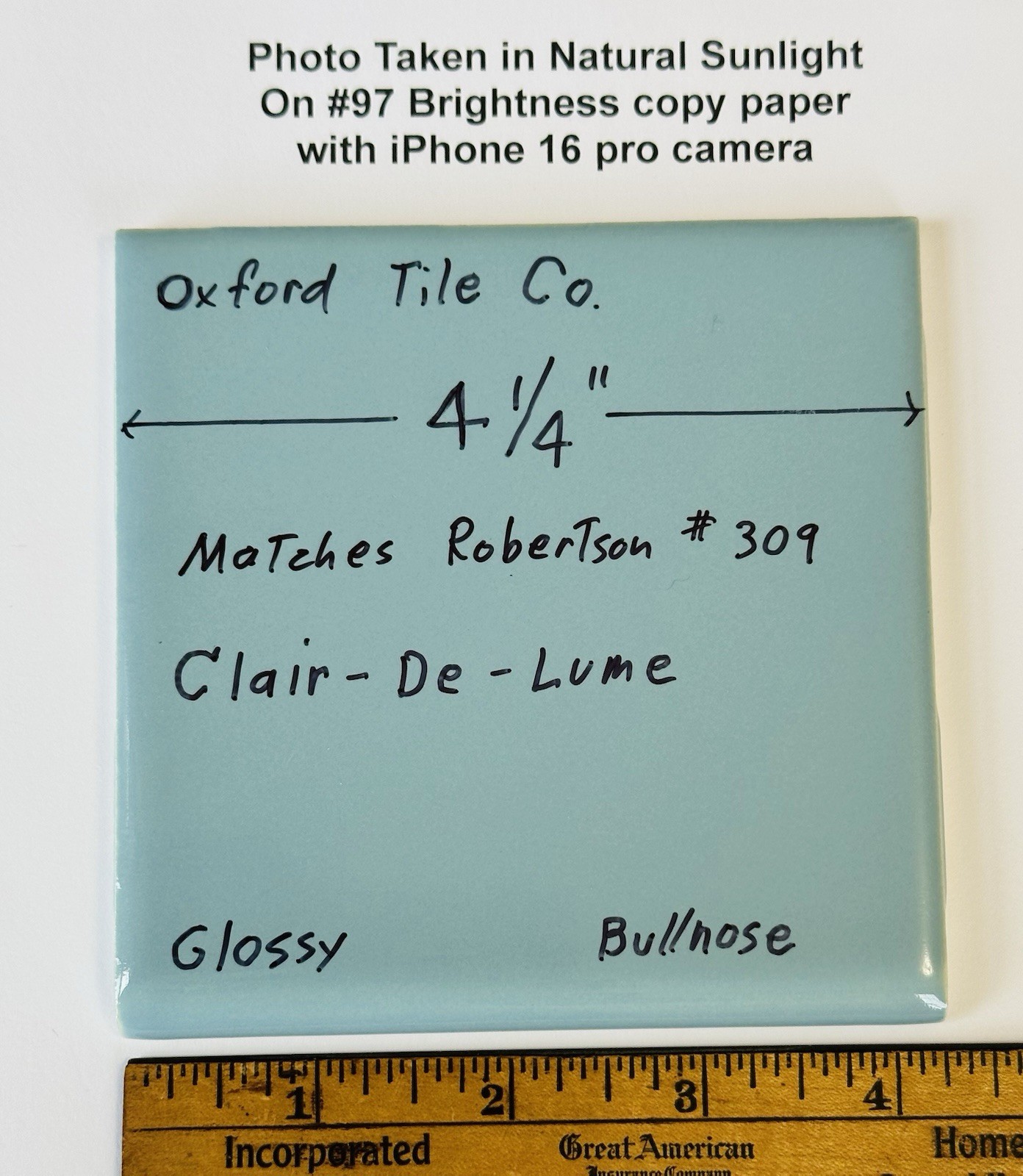 1 pc. Clair-De-Lume: 4-1/4″ Glossy Bullnose Ceramic Tile, Oxford + Robertson Co.