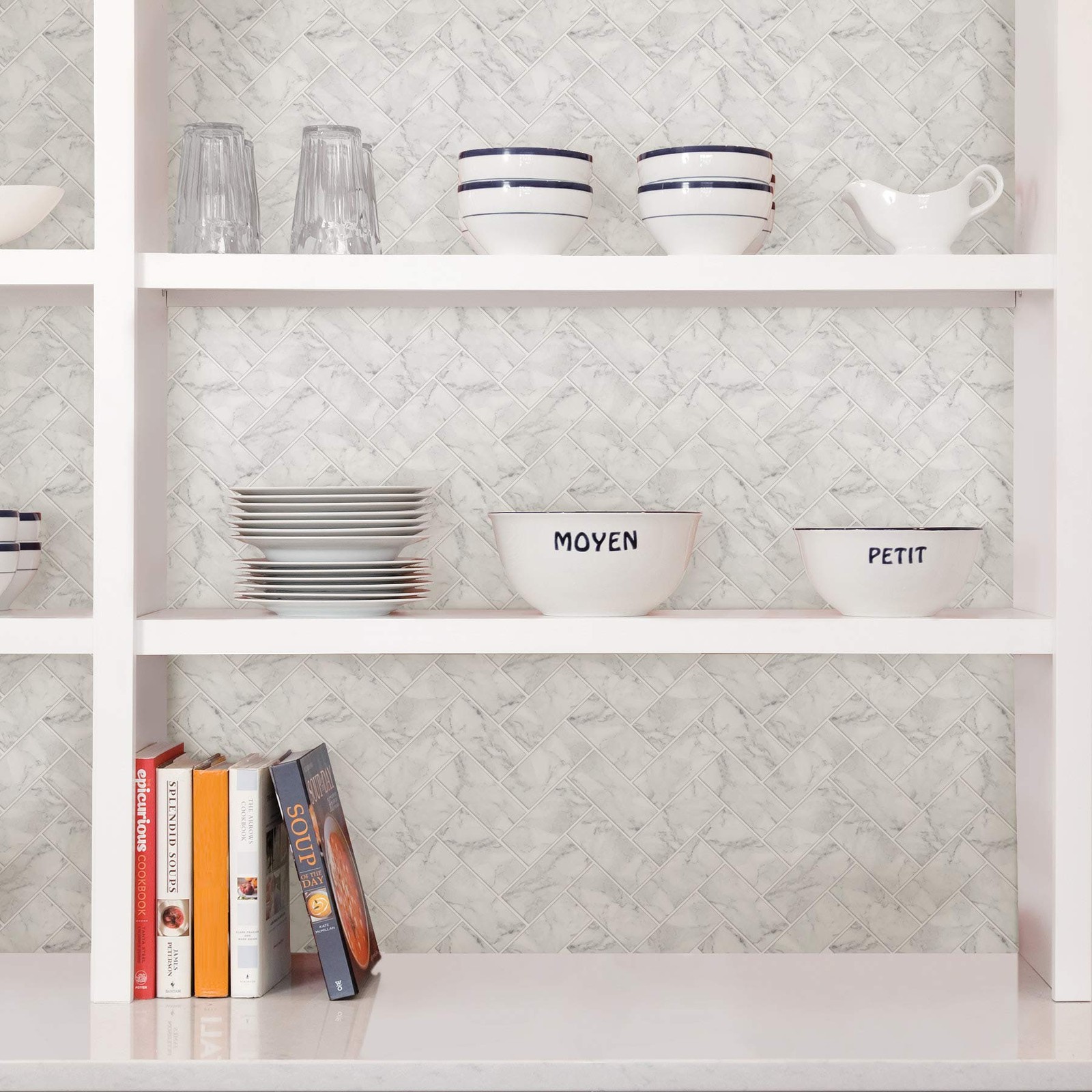 Herringbone Carrara Peel and Stick Backsplash Tiles White & OffWhite