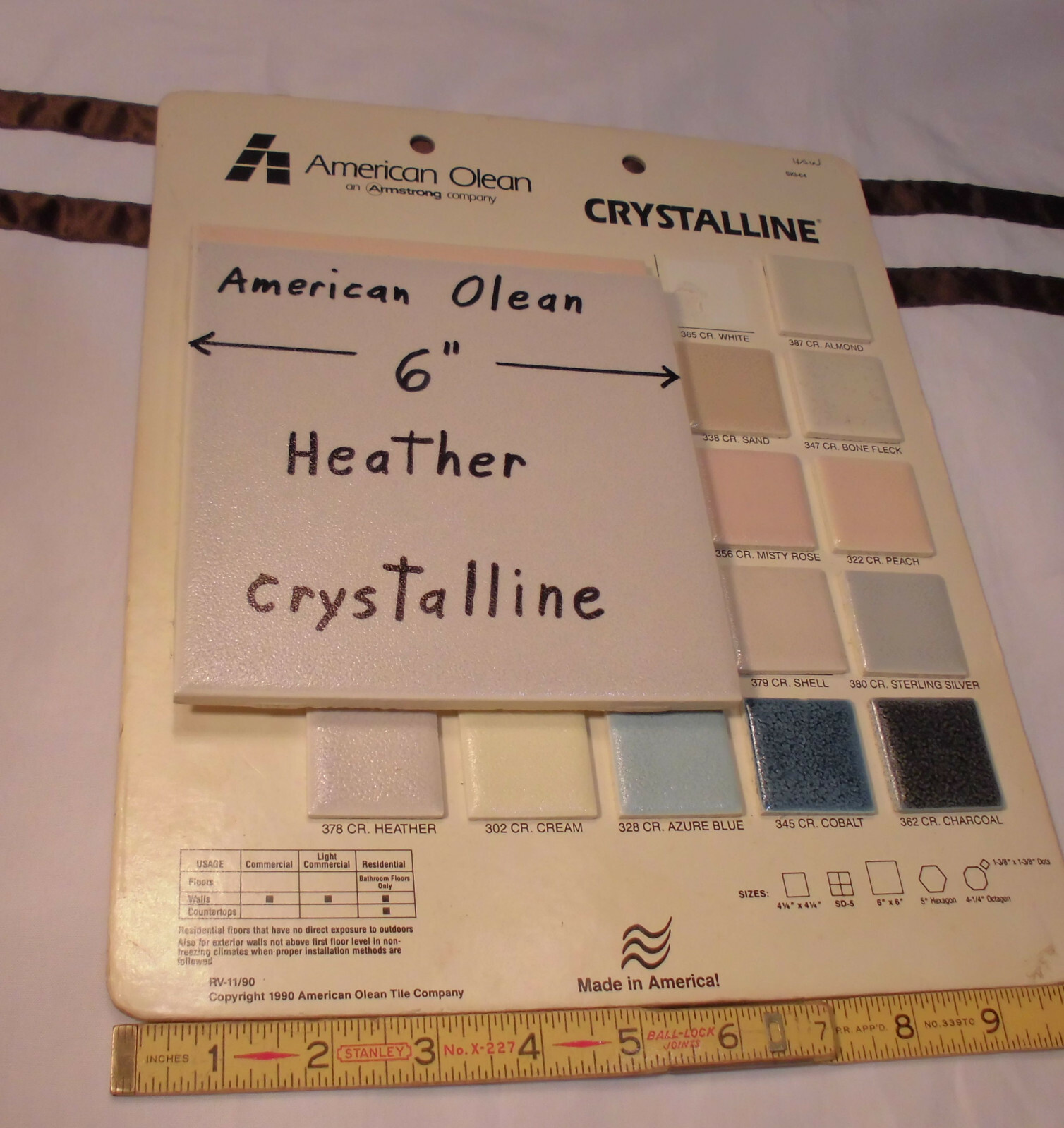1 pc. 6″ Ceramic Tile Crystalline *Heather -Off White* by American Olean; NOS