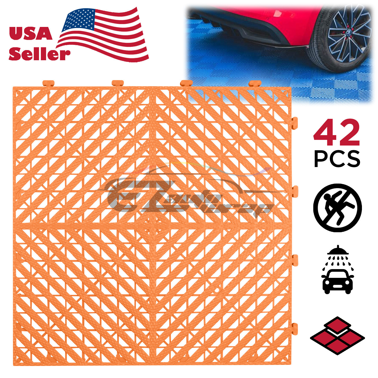 42pcs 16″x16″ Orange Garage Floor Mat Perforated Flooring Tile Shop Interlocking
