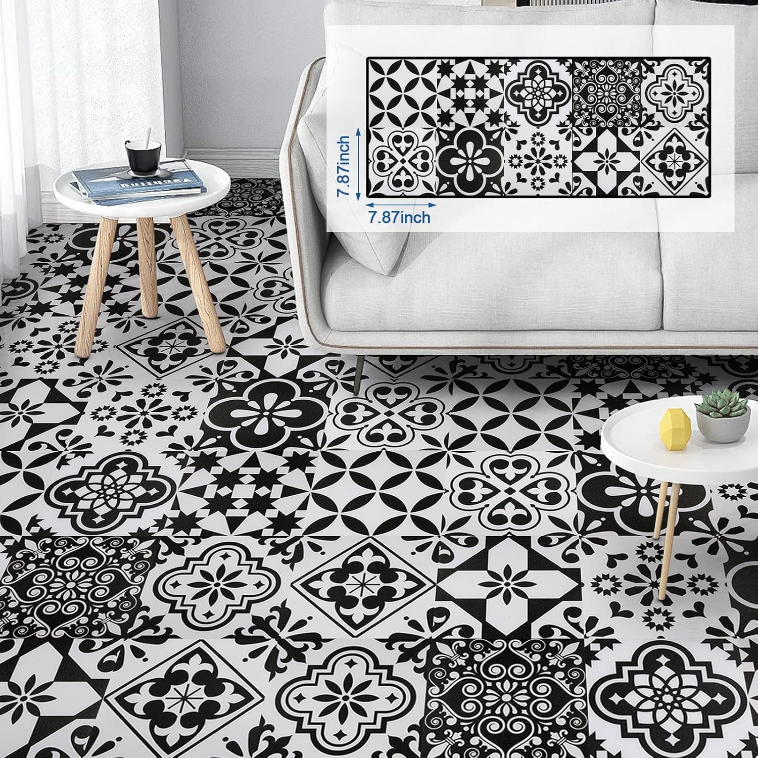 Peel and Stick Floor Tile Black and White, Vinyl Flooring 7.87in X 7.87in,