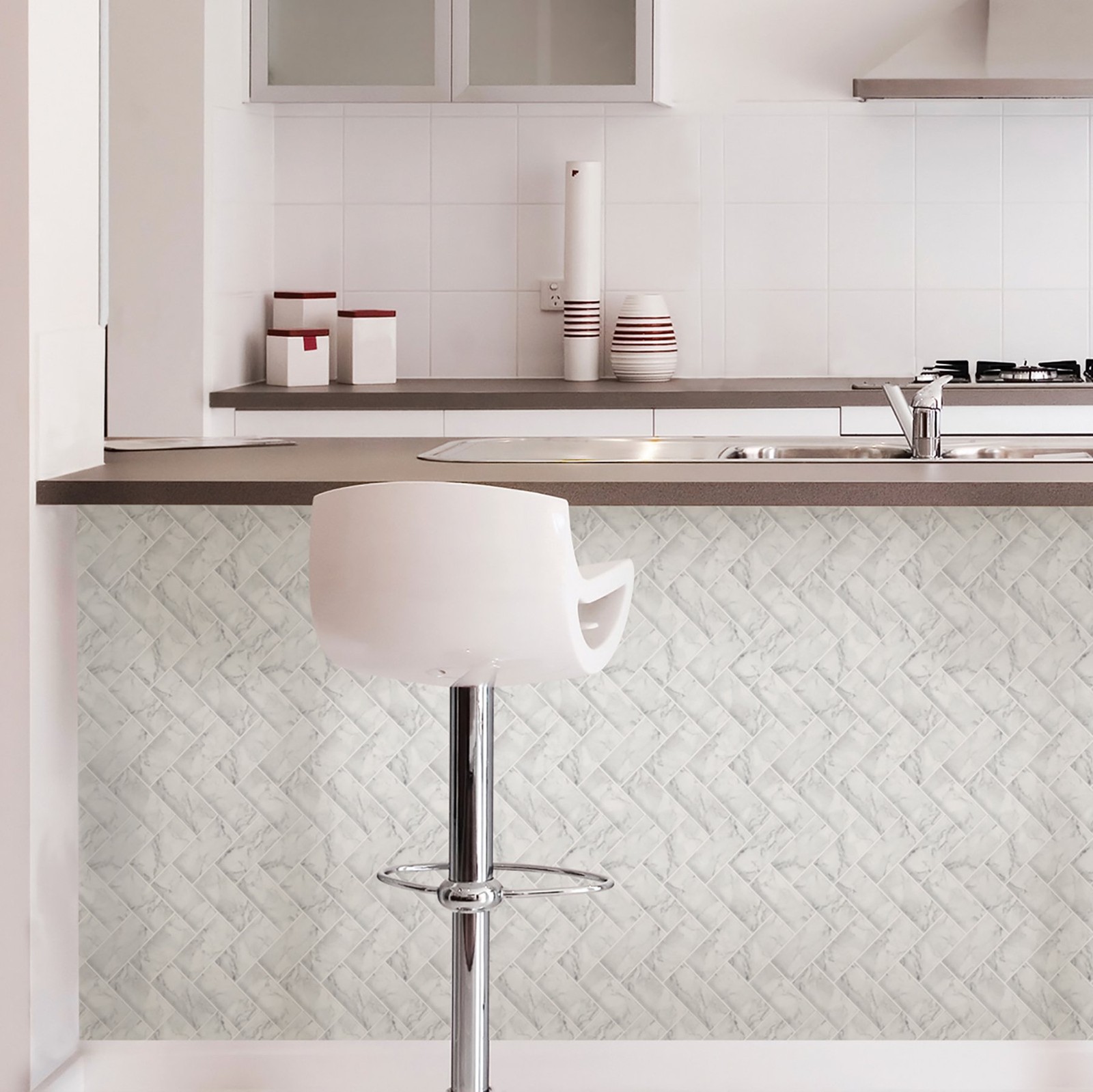 Herringbone Carrara Peel and Stick Backsplash Tiles White & OffWhite