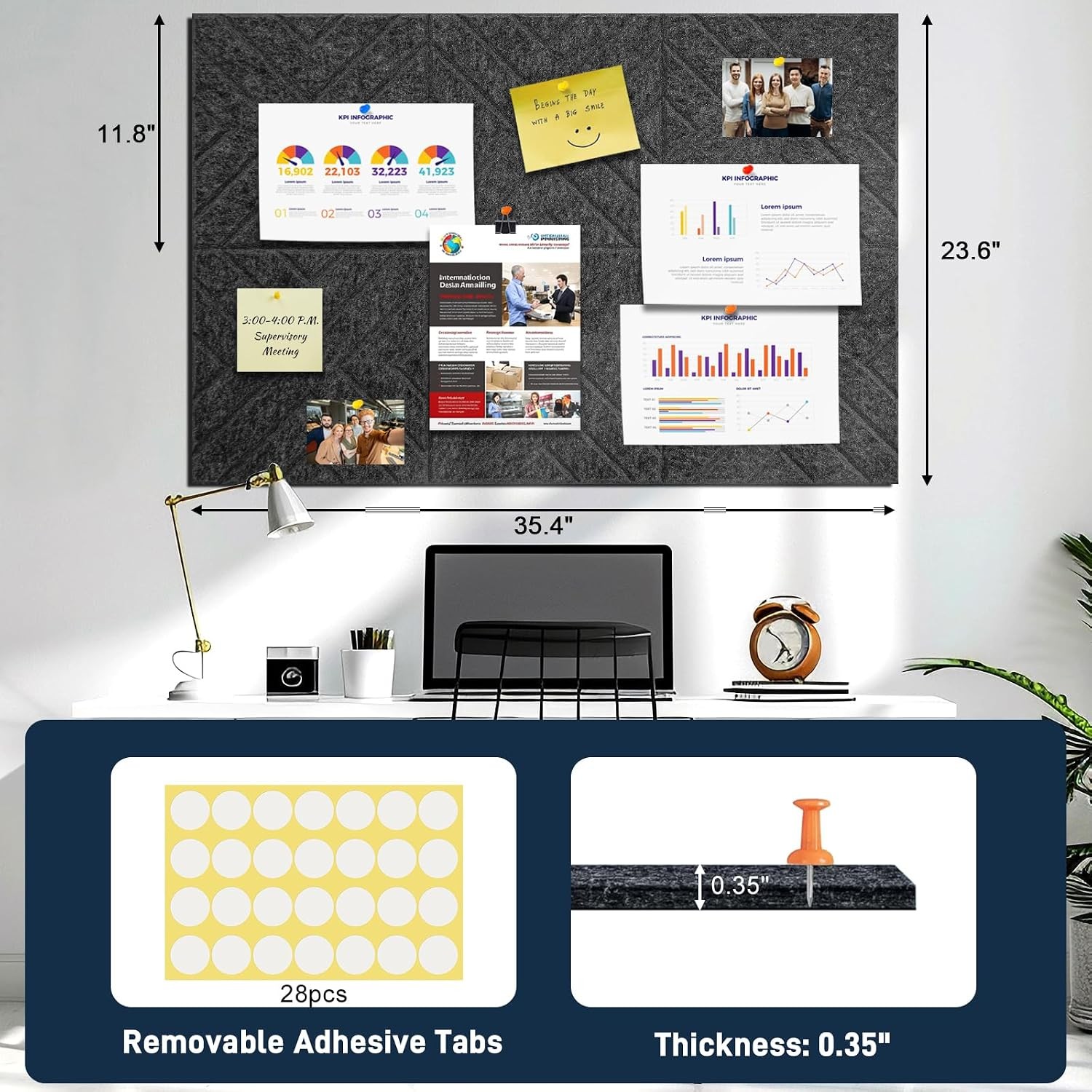 6-Pack 11.8″x11.8″ Felt Pin Board Tiles, Grey – Wall Decor & Office