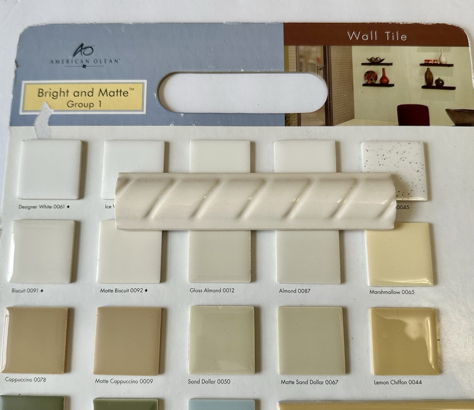 1 pc. Gloss Almond Ceramic Tile: Pencil – Liner – Sizzle: 6″ X 1-1/4″ Rope