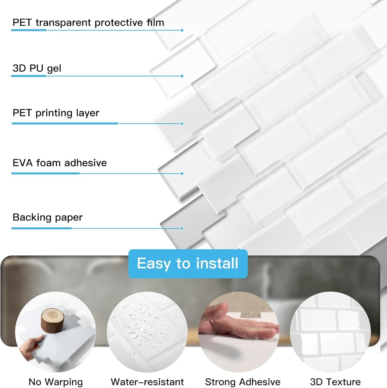 Modern Peel and Stick Tiles – 12″x12″ Thicker White Washed for Kitchen & Bath