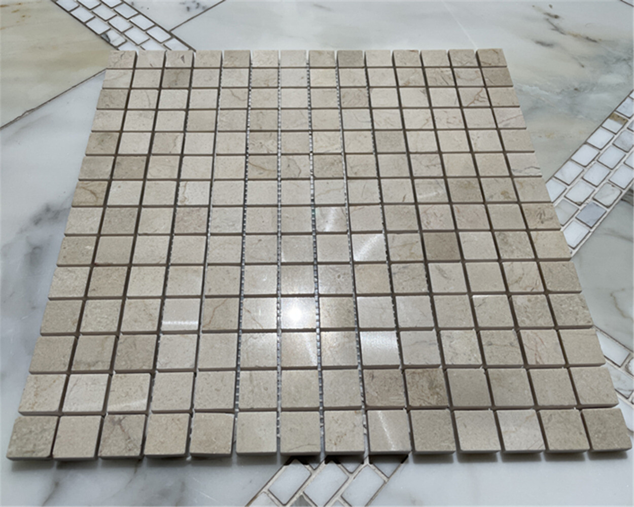 M23XP Crema Marfil Beige Marble 3/4×3/4 Grid Square Mosaic Tile Polished
