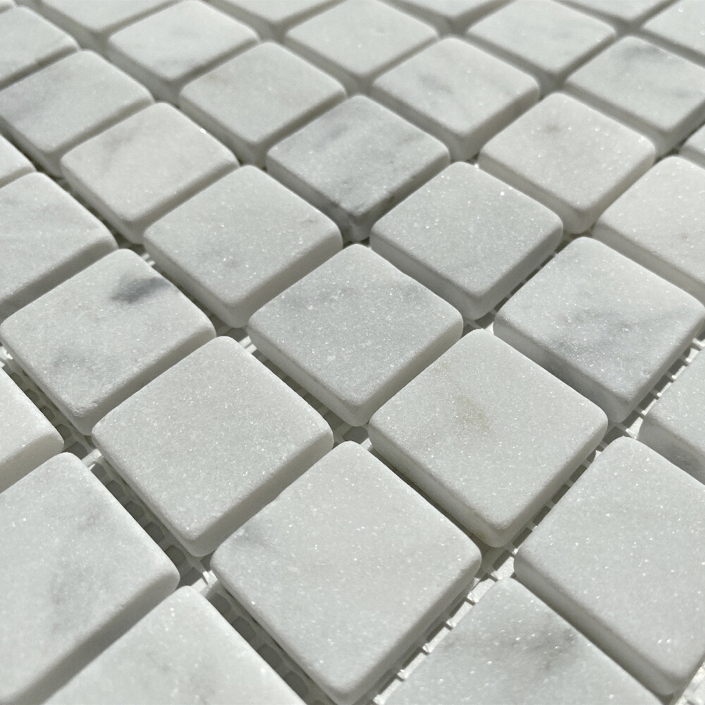 C24XT Tumbled Carrara White Marble 1″x1″ Square Mosaic Tile Venato Bianco