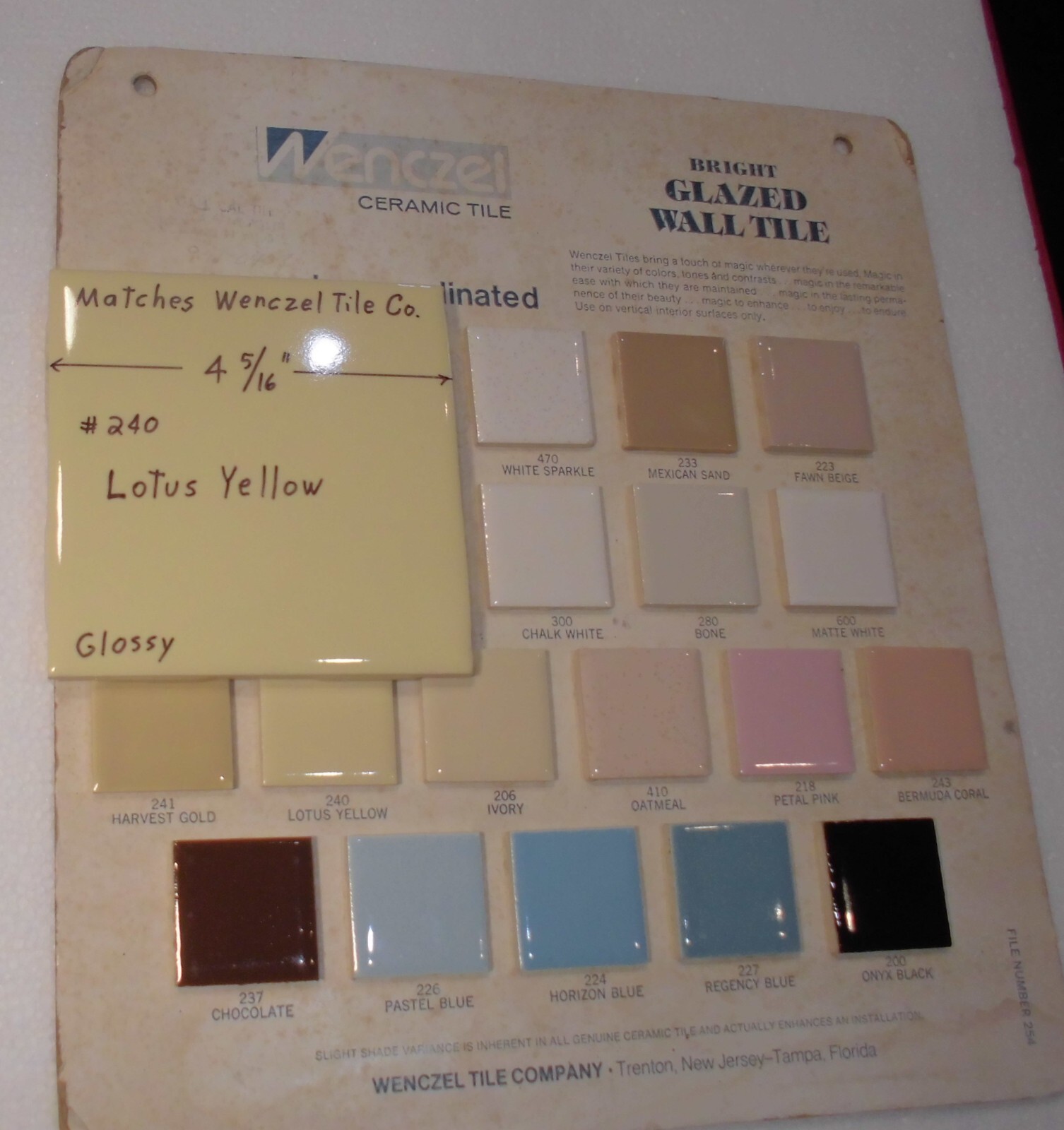 1 pc. Yellow 4-5/16″ Glossy Ceramic Tile: matches Wenczel Co. #240: Lotus Yellow