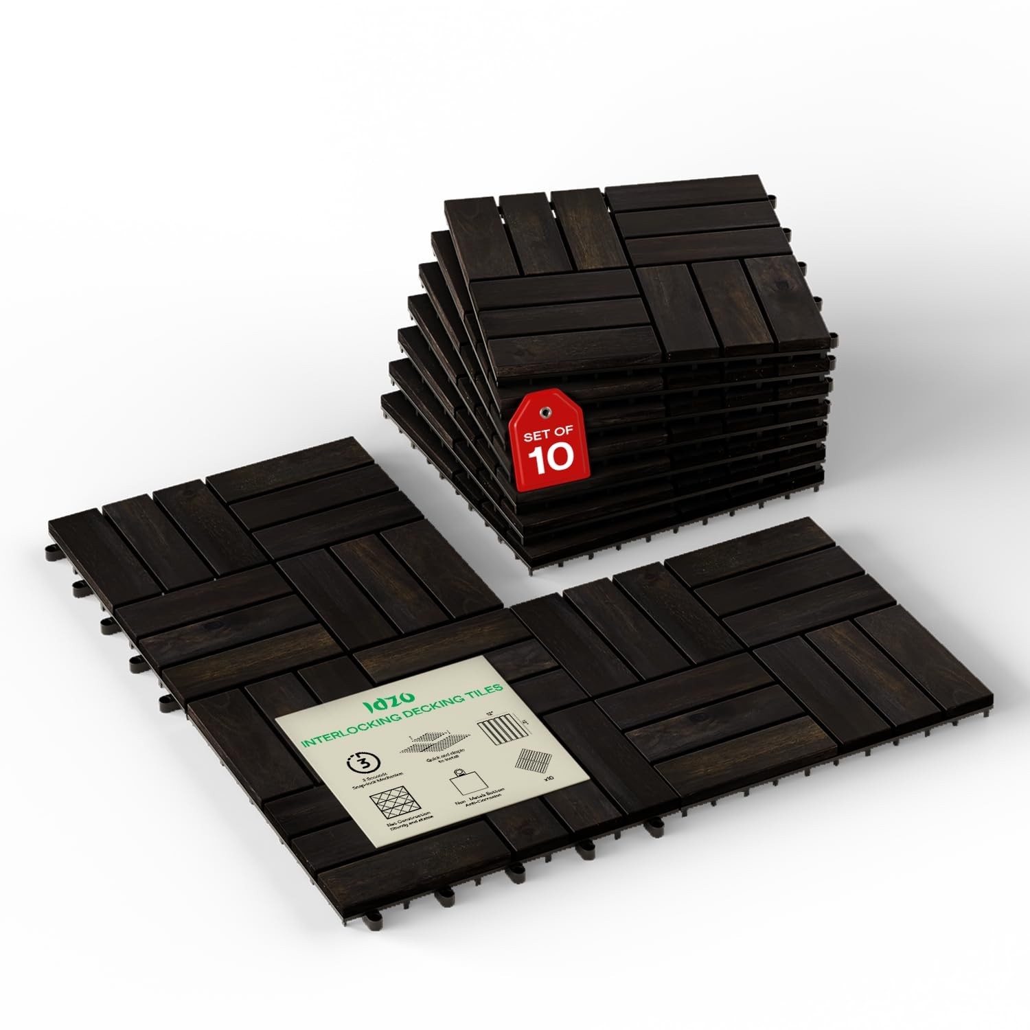 Acacia Wood Deck Tiles – 10-Piece Set, Black Checkered