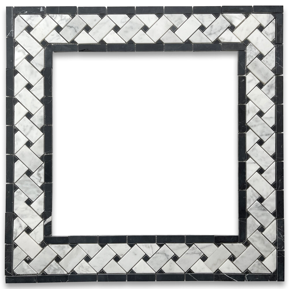 C651BXH Carrara Venato Marble Basketweave Mosaic Border 4×12 Black Dots Honed