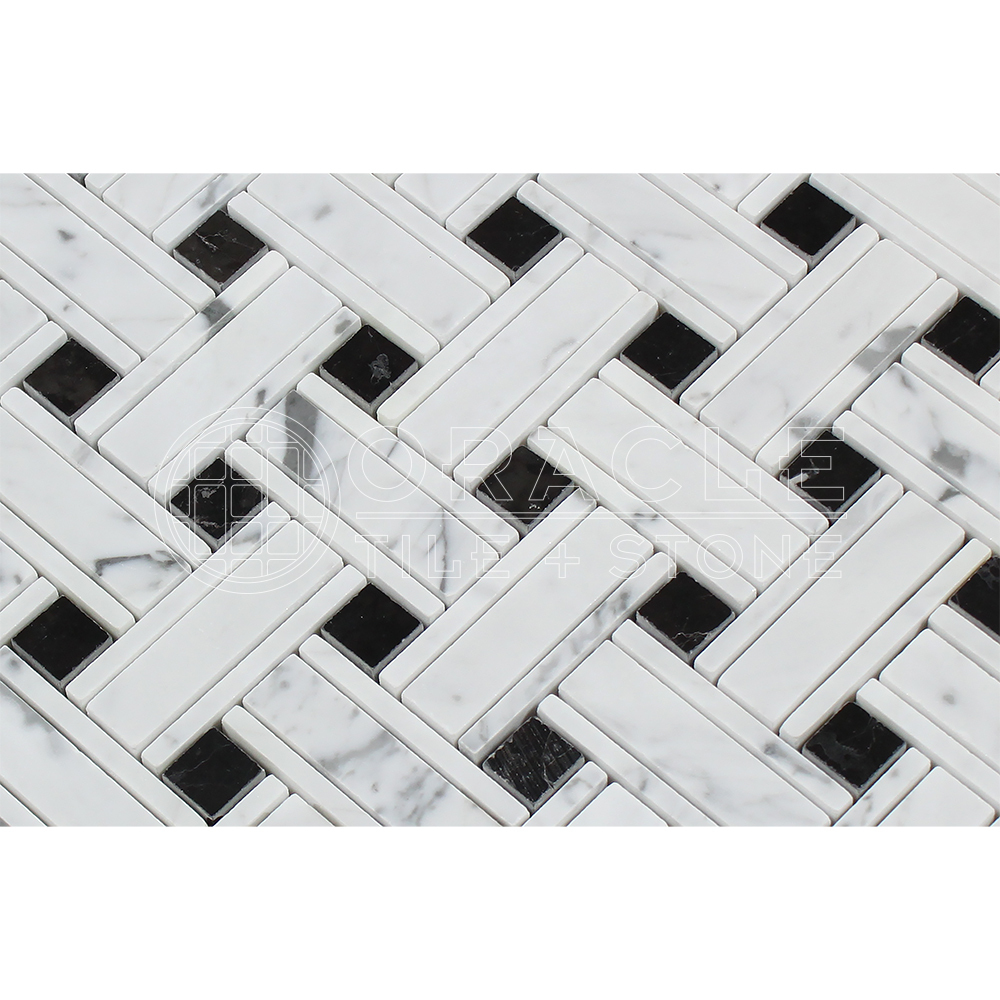 Carrara White Italian (Bianco Carrara) Marble Tripleweave Mosaic Tile, Black Dot