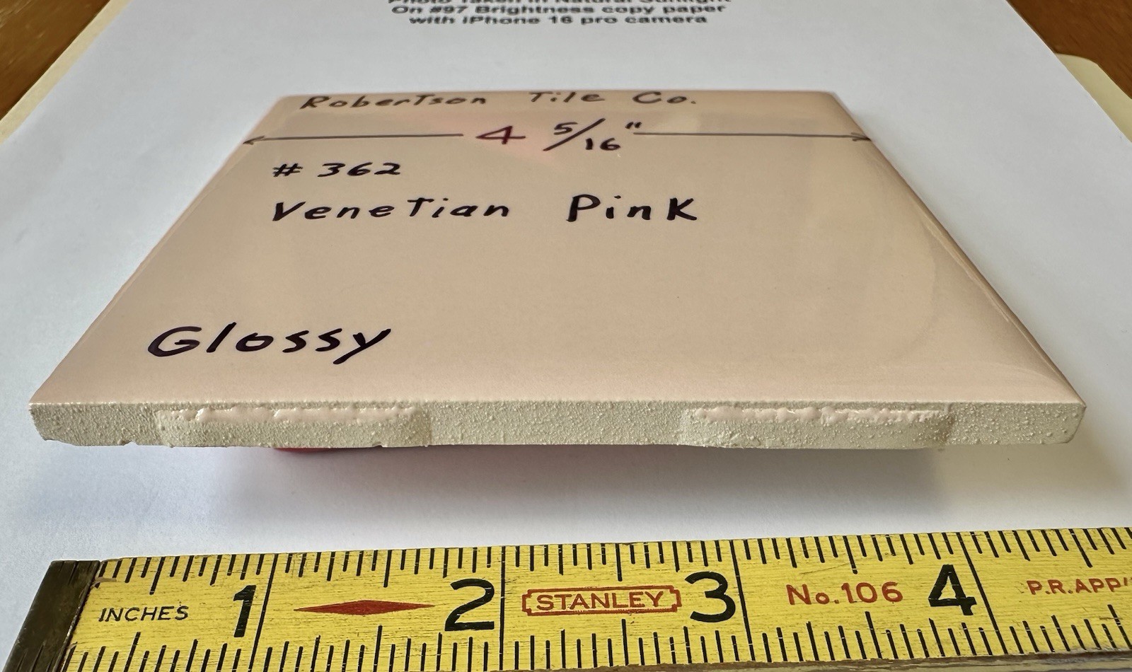 1 pc. Venetian Pink: 4-5/16″ Glossy Ceramic Tile, #362 by Robertson Tile Co. NOS