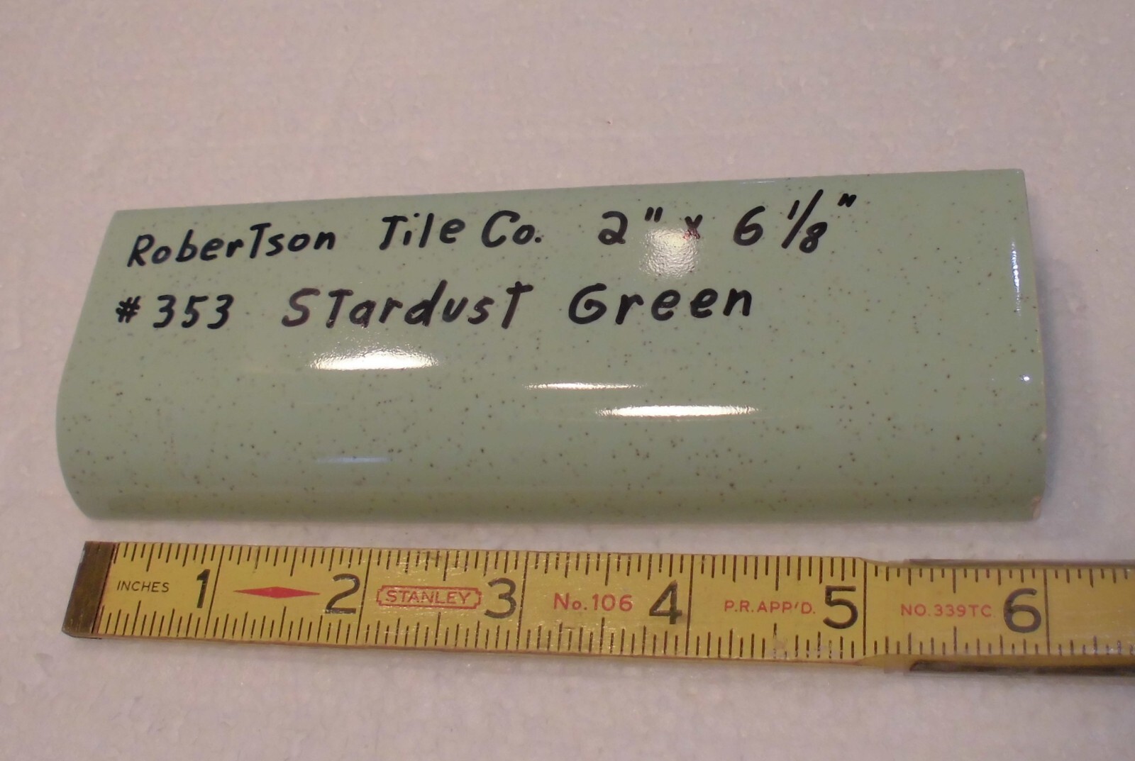 1 pc. Stardust Green: Ceramic Tile; 2″ X 6-1/8″ Radius Bullnose by Robertson Co.