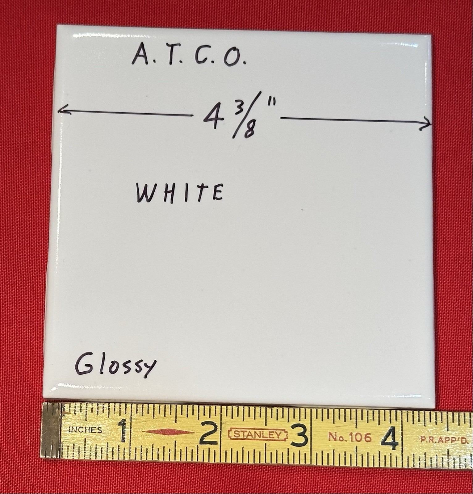 1 pc. Gloss White: 4-3/8″ Glossy Ceramic Tile by A.T.C.O. NEW OLD STOCK