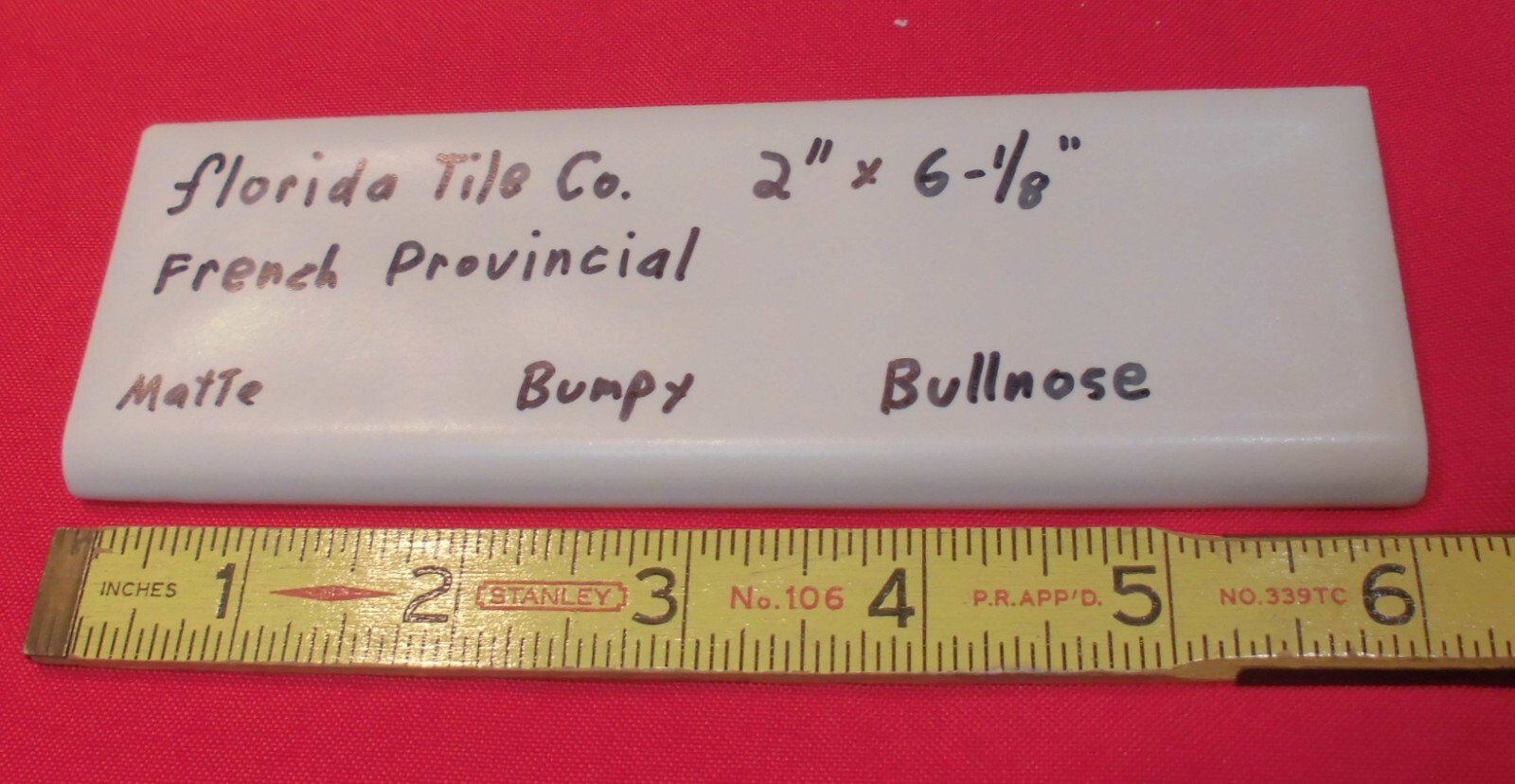 1 pc. French Provincial – very light tan: Bullnose Ceramic Tile by Florida Co.