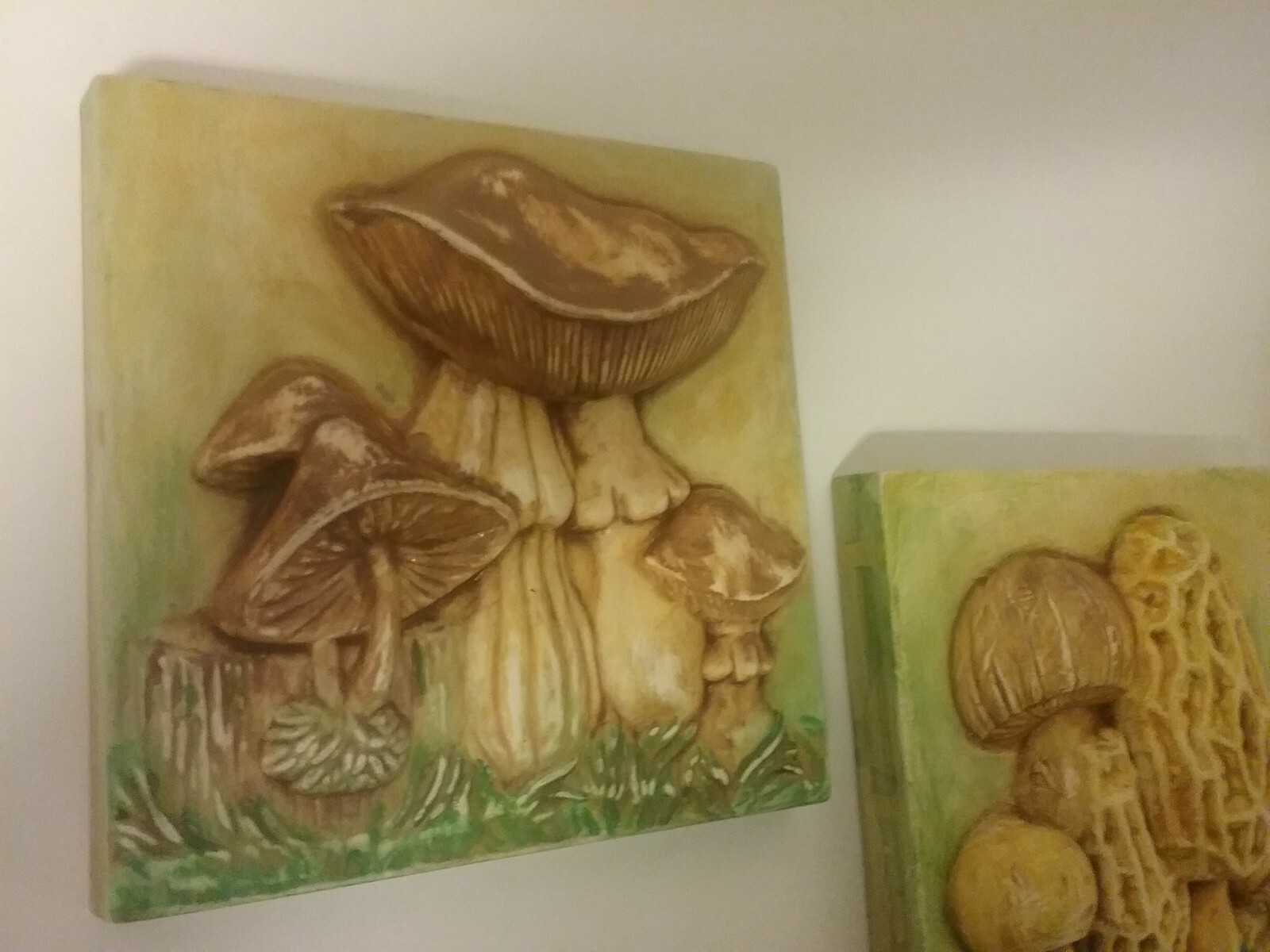 Autumn vintage ceramic tile painted nature mushrooms pair of two