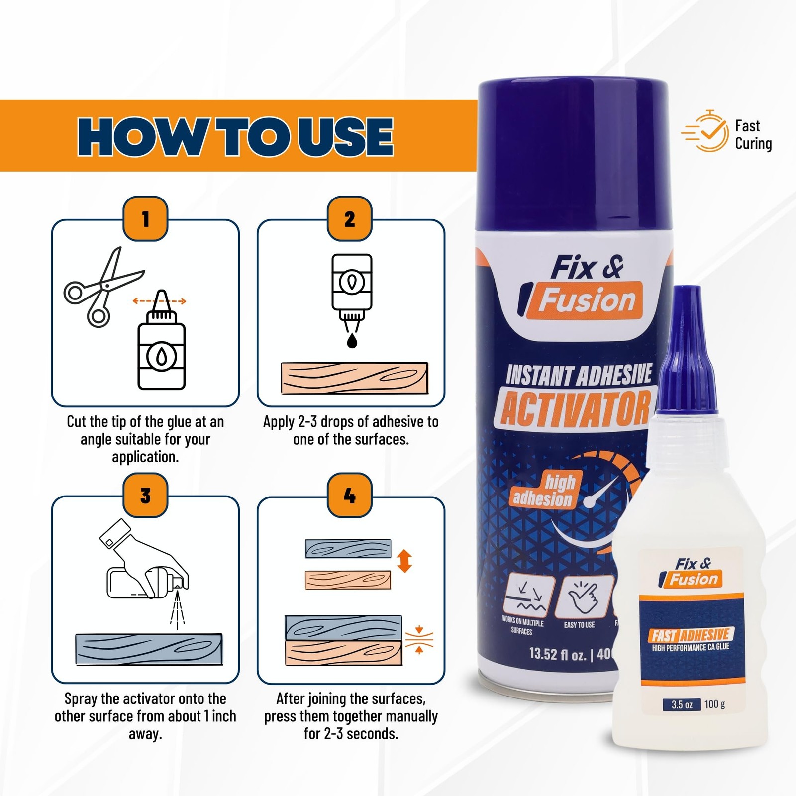 FIX & FUSION Ca Super Glue (3.5 Oz) with Activator Spray (13.5 Fl Oz) Set, Fa…