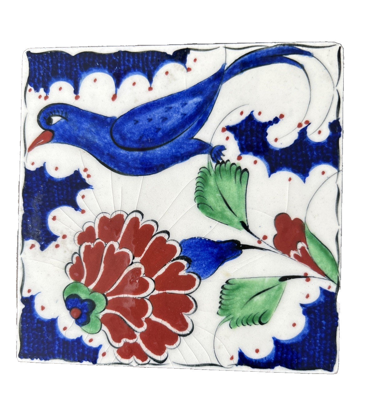 Set of 4 Handmade Turkish Ceramic Tiles Iznik Kütahya Floral Bird Blue Red 4×4”