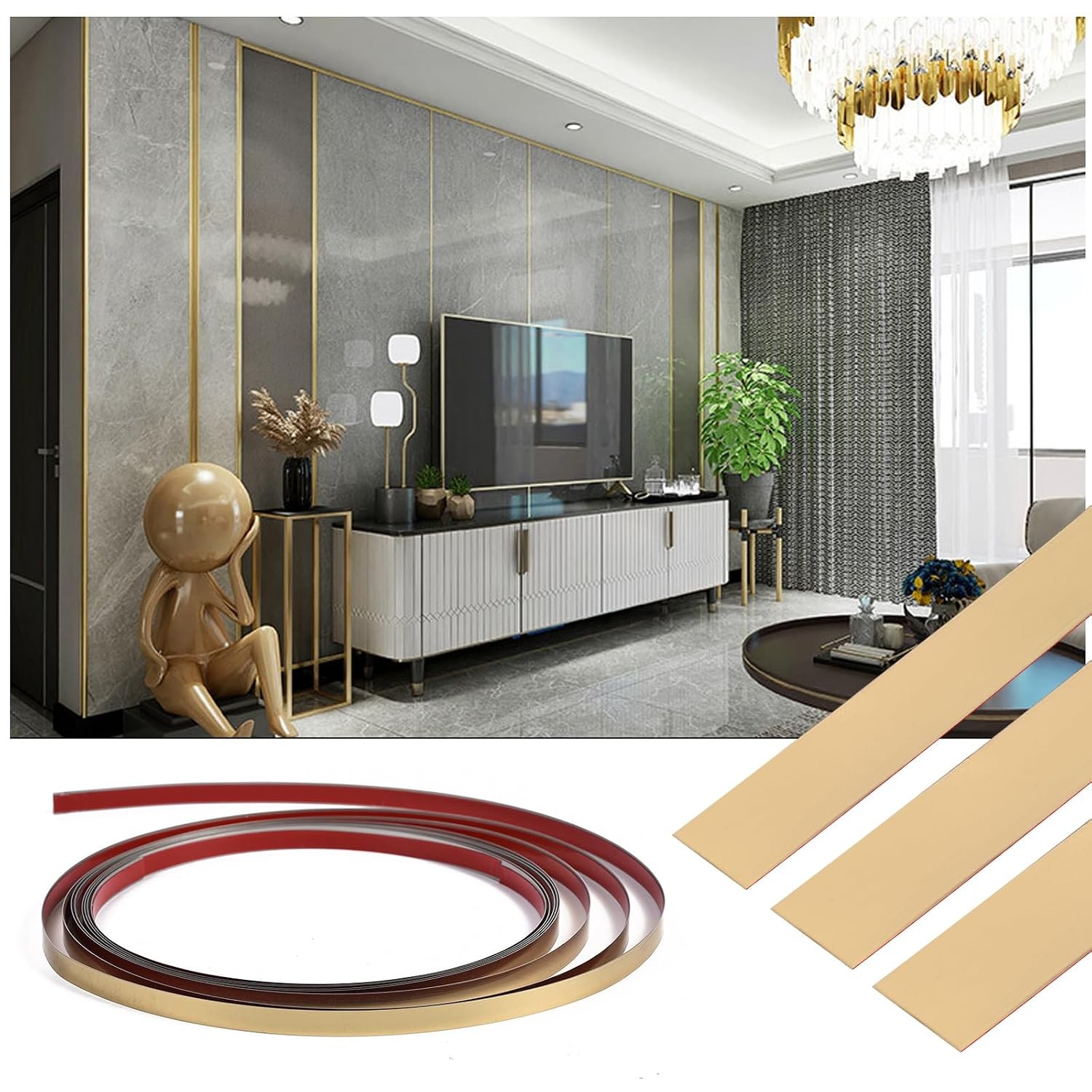 Stainless Steel Peel and Stick Molding Trim Mirror-Like Finish Metallic Gold Wal