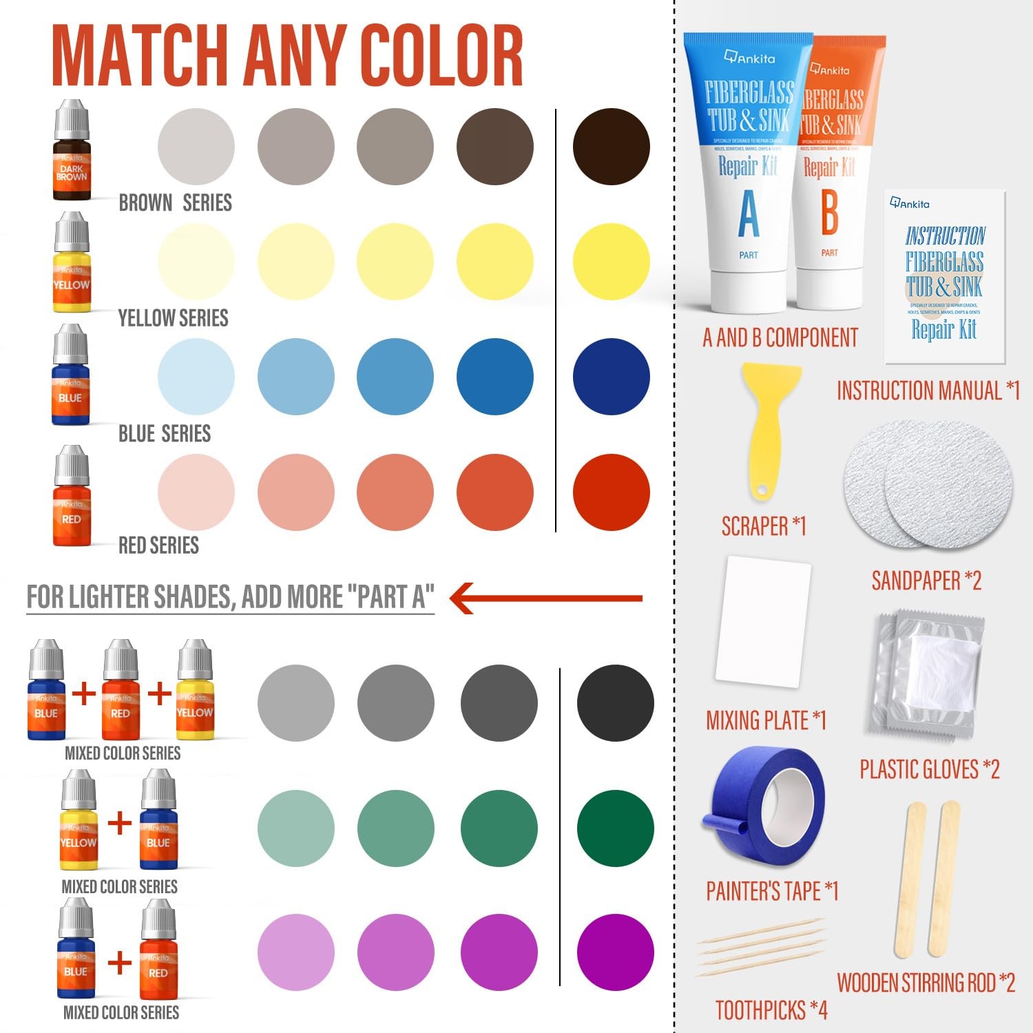 Fiberglass Tub Repair Kit Waterproof Color Match Chips Cracks Holes White