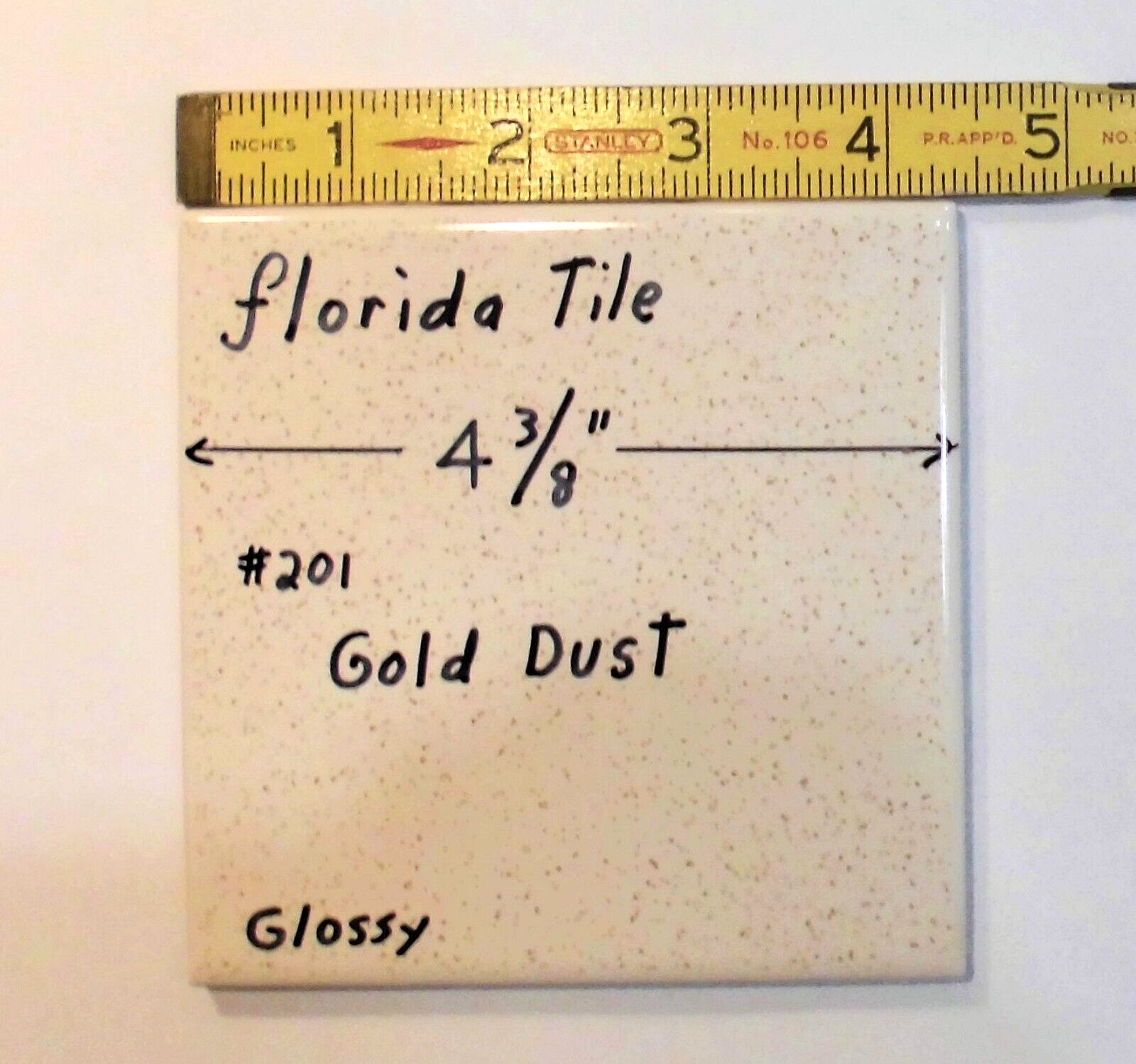 1 pc. Gold Dust: 4-3/8″ Glossy Ceramic Tile by Florida Tile Co. NOS, Speckled