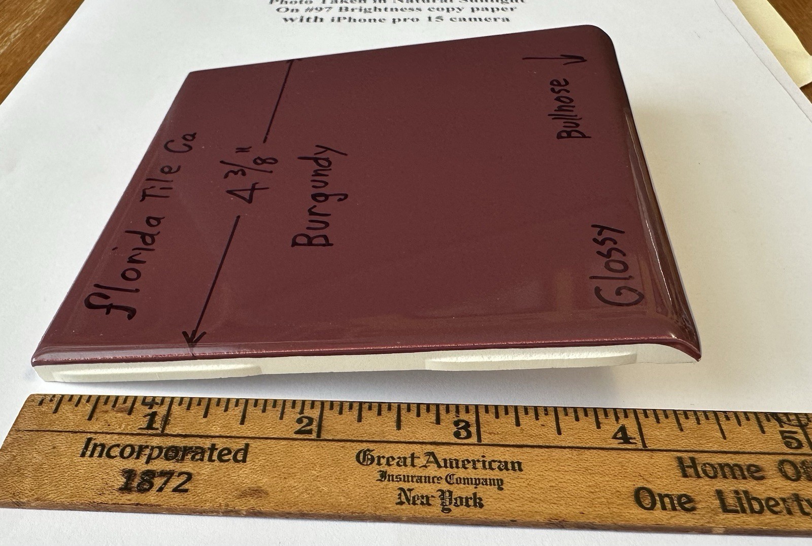 1 pc. Burgundy: 4-3/8″ Bullnose: Glossy Ceramic Tile by Florida Co. #1084 NEW