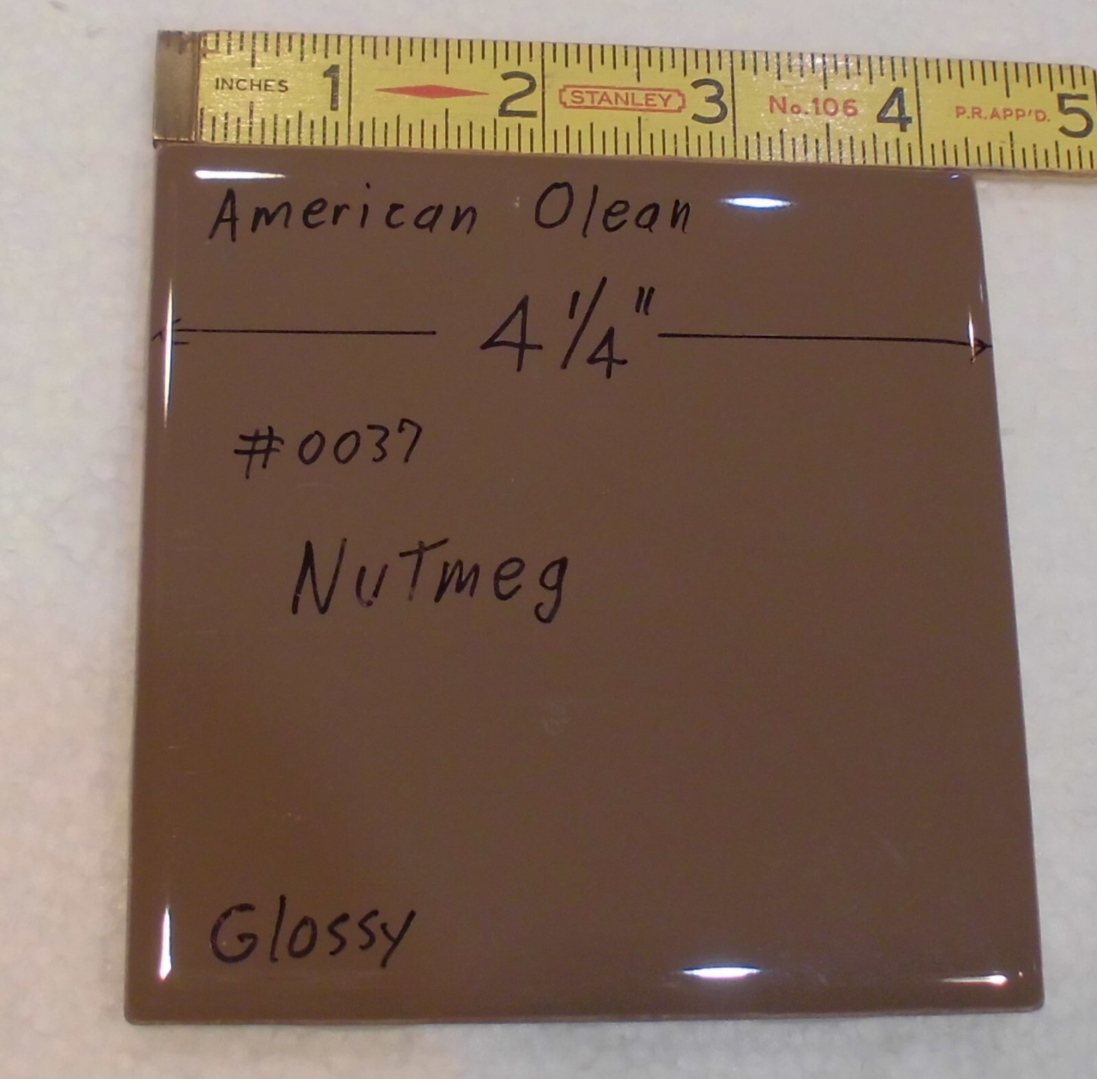 1 pc. Nutmeg: Glossy Ceramic Tile #37 by American Olean 4-1/4″ New, Dark-Brown