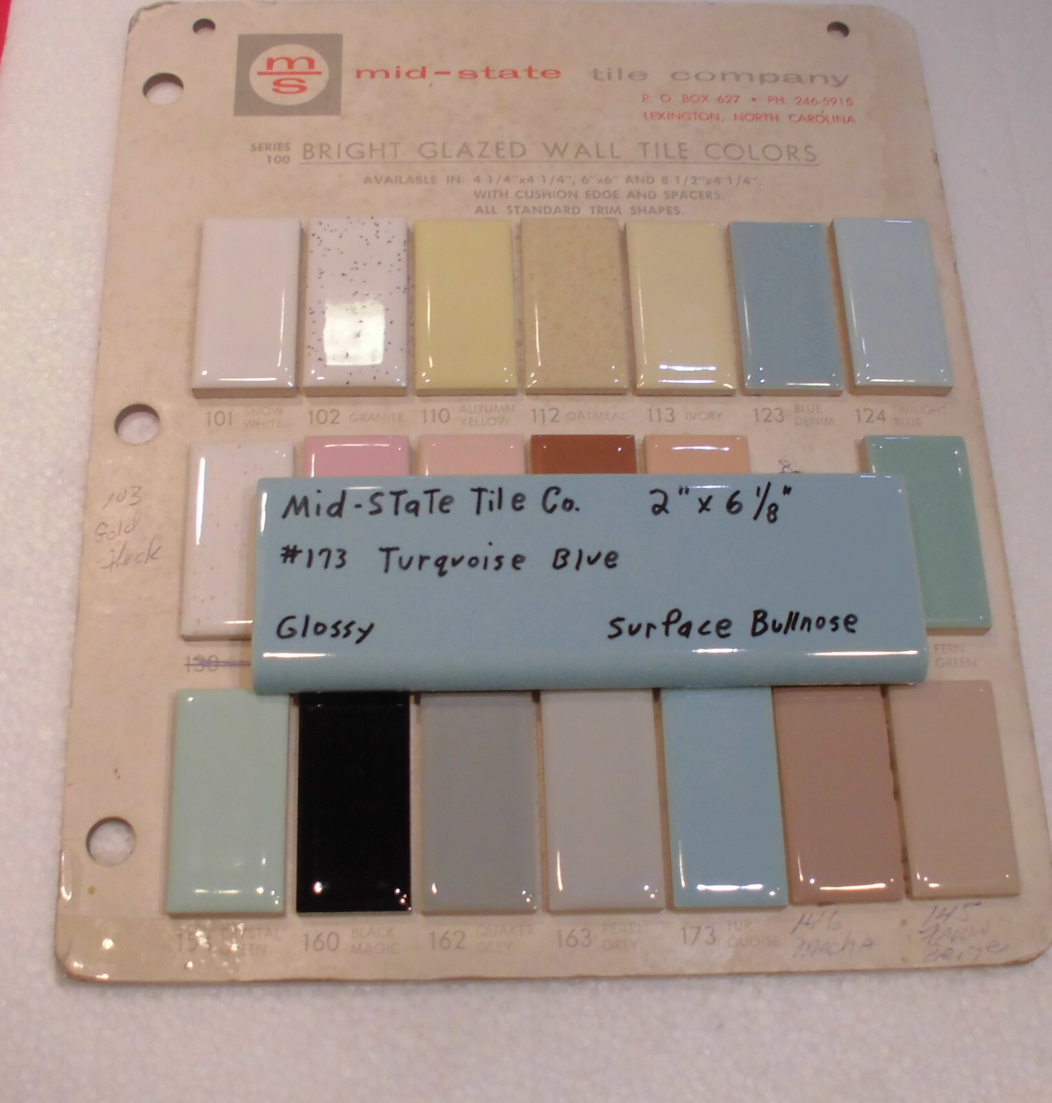 1 pc. Turquoise – Blue: 2” X 6” Surface Bullnose Ceramic Tile by MID-STATE NOS