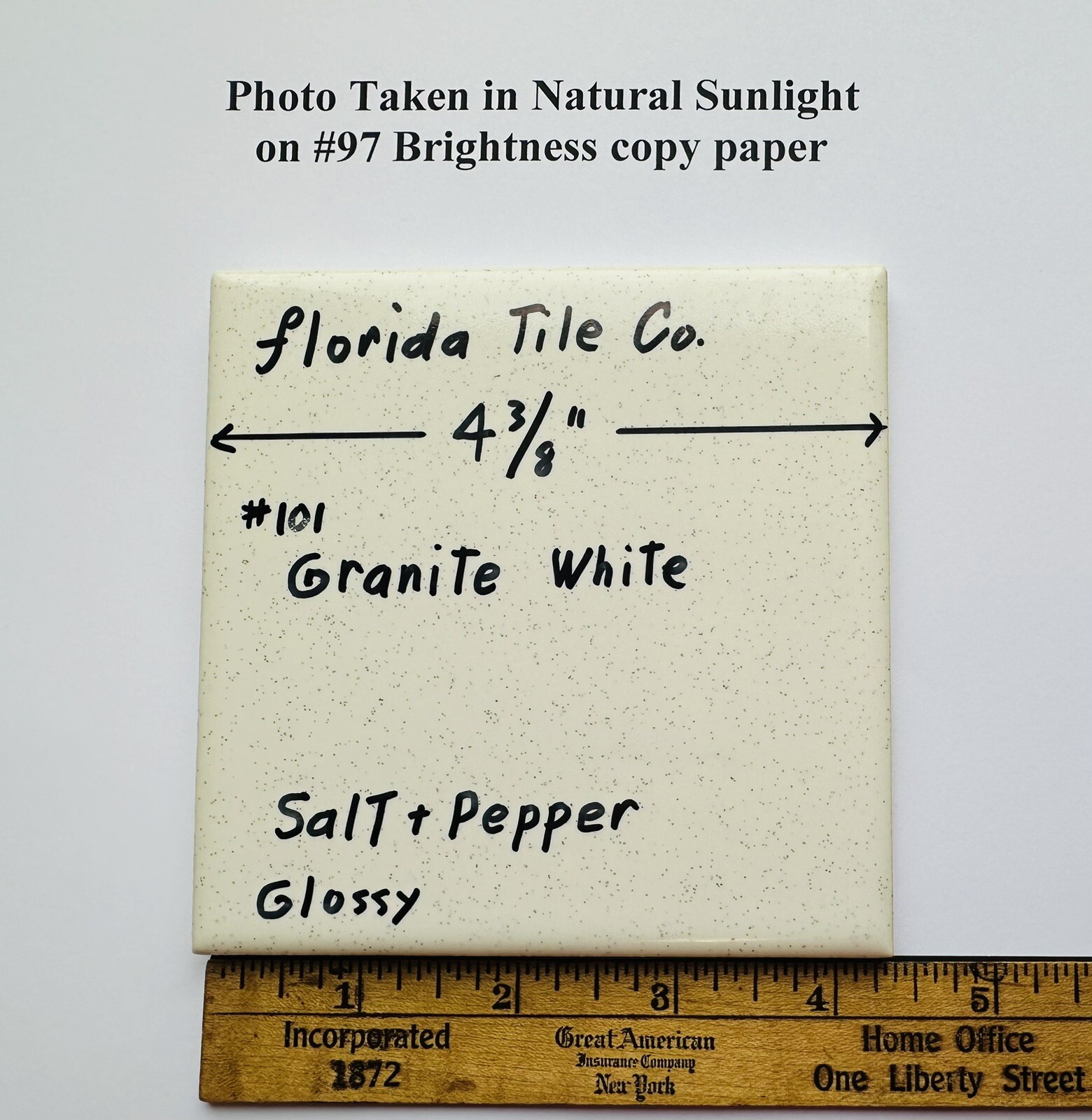 1 pc. Salt + Pepper / Granite White: 4-3/8″ Glossy Ceramic Tile by Florida Co.