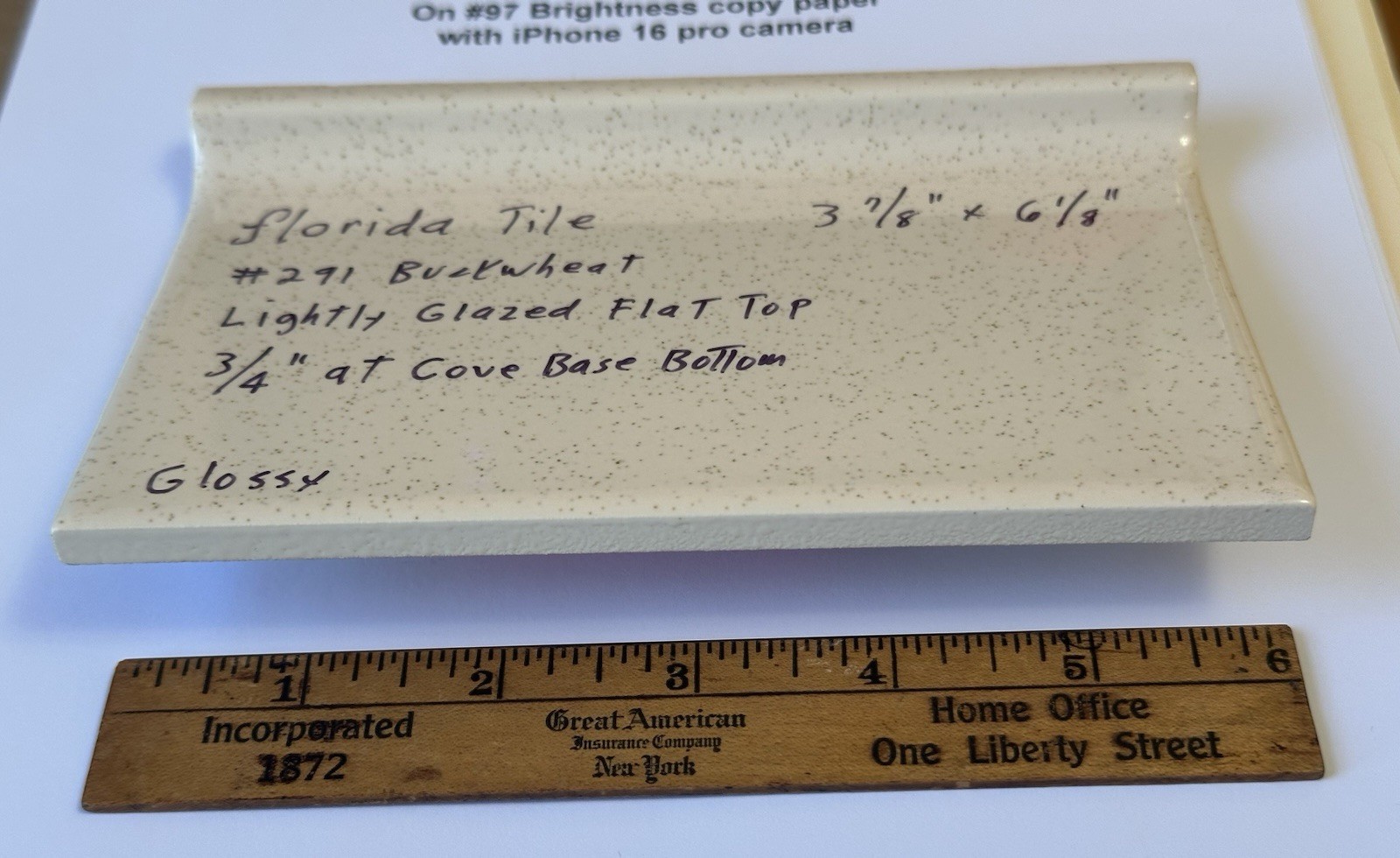 1 pc. Buckwheat 3-7/8 X 6-1/8″ Glossy Ceramic Cove Base Tile, florida, Flat Top