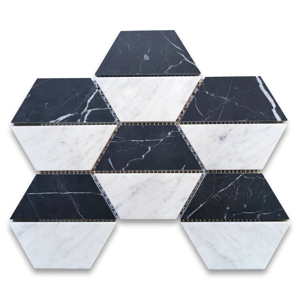C35T1XH Carrara White Marble Trapezoid Split Hexagon Mosaic Tile Black Honed