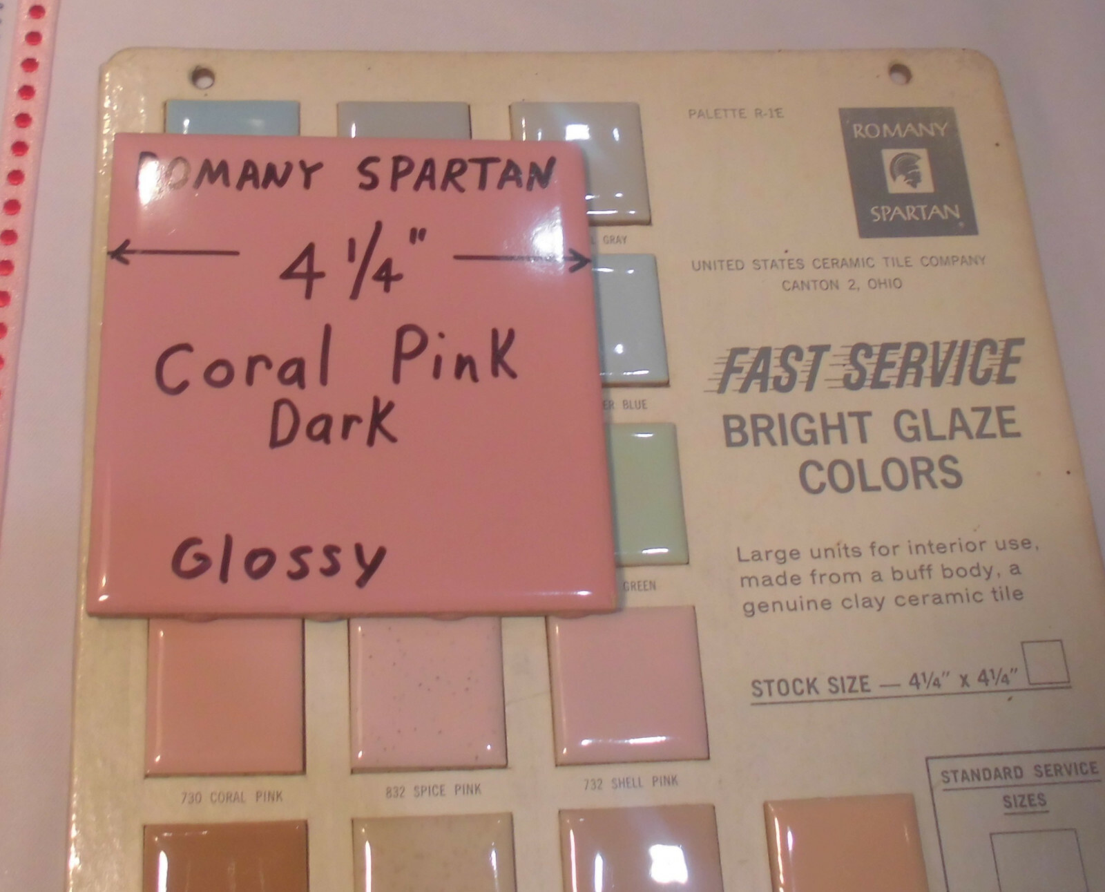 1pc. *Dark Coral Pink* 4-1/4″ Glossy Ceramic Tile; Romany Co. made 1940’s