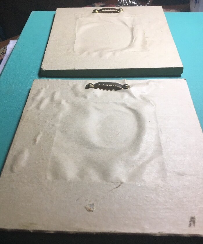 PAIR OF HAND-MADE INSPIRATIONAL SMALL ART MIRRORS; PRESSED LEAVES INTO CLAY;