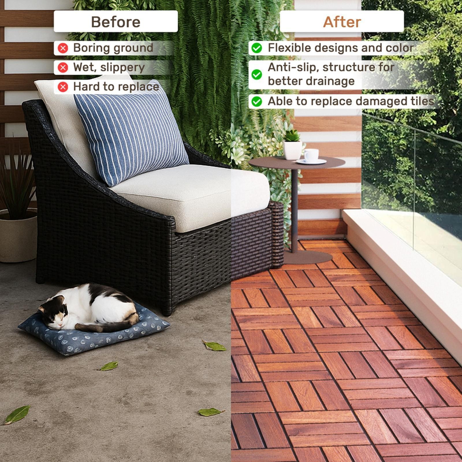 Acacia Wood Interlocking Deck Tiles Checker Pattern, 30 PCS 12″ x 12″ Square