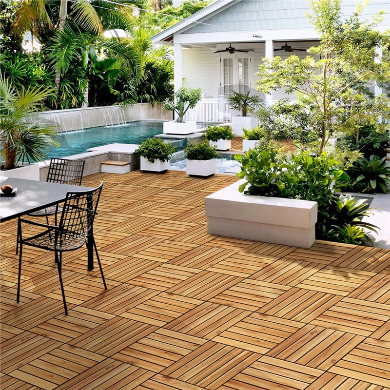 Acacia Wood Interlocking Deck Tiles for Indoor and Outdoor (Set of 27) Snap In