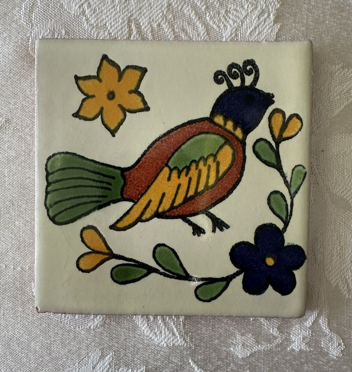 Mexican Red Clay Tile Folk Art Bird Handmade Talavera Backsplash Hand painted 4″